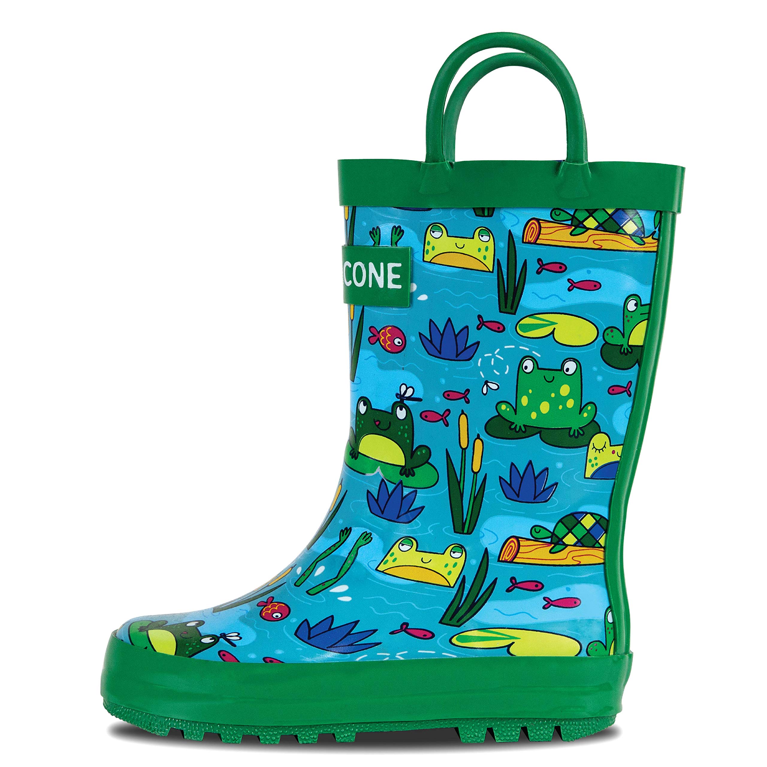 LONECONE Rain Boots with Easy-On Handles in Fun Patterns for Toddlers and Kids, Frog Pond, 1 Little Kid