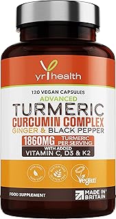 Turmeric Capsules High Strength 1860mg with Black Pepper, Ginger, Vitamin C & D for Immune System & Joints Plus K2 Mk7-120 Vegan Capsules Premium Turmeric Curcumin – Made in The UK by YrHealth