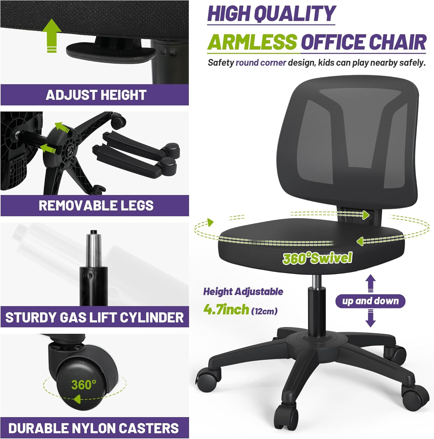 Swivel No Arms Small Home Desk Chair for Computer with Height Adjustable Lumber Support and Rotatoable Wheels for Small Spaces - Image 4