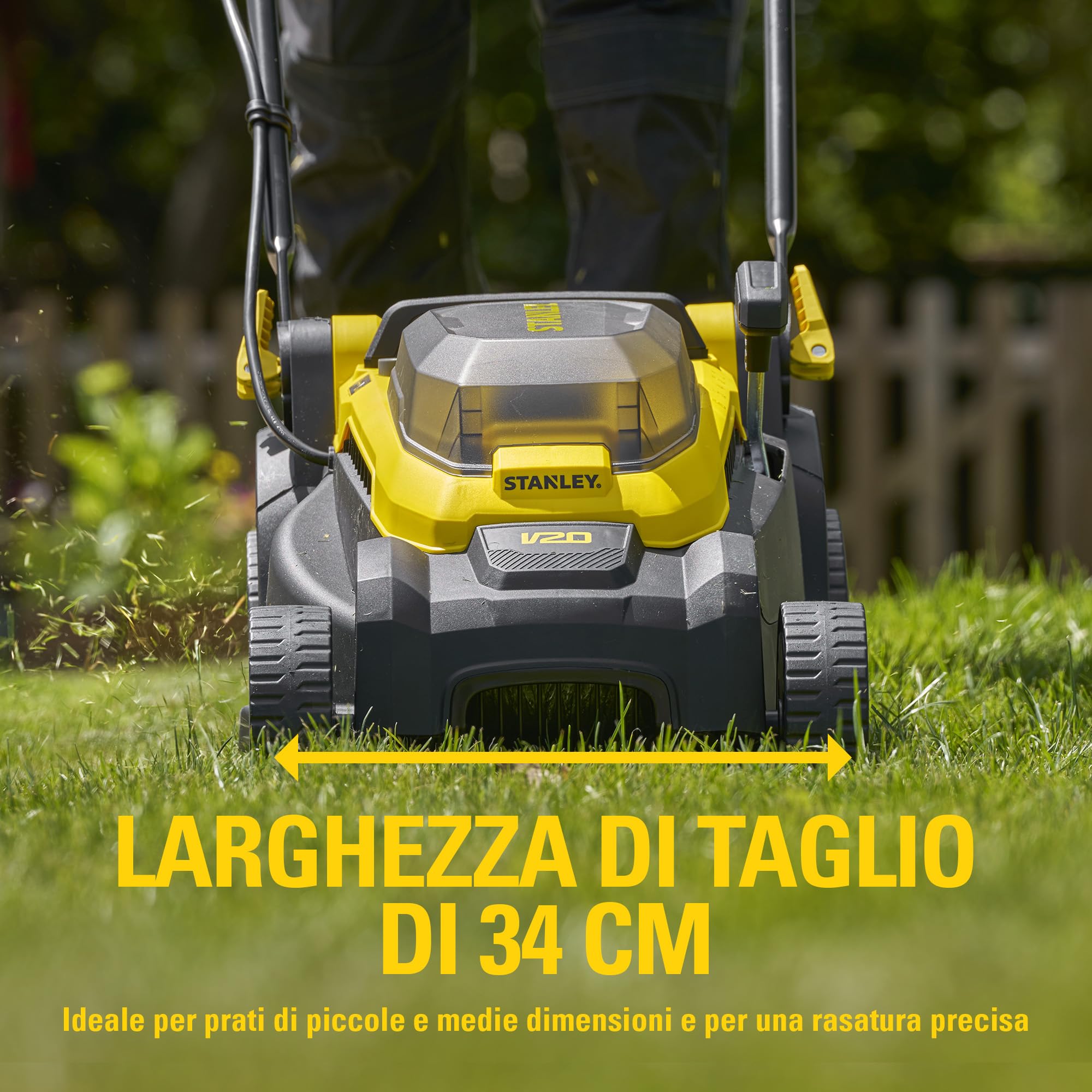 STANLEY V20 Cordless Brushless 34cm Walk-Behind Mower, include batteria Li-Ion 4Ah e caricatore 2A, 18V, SCMWP3401M1-QW