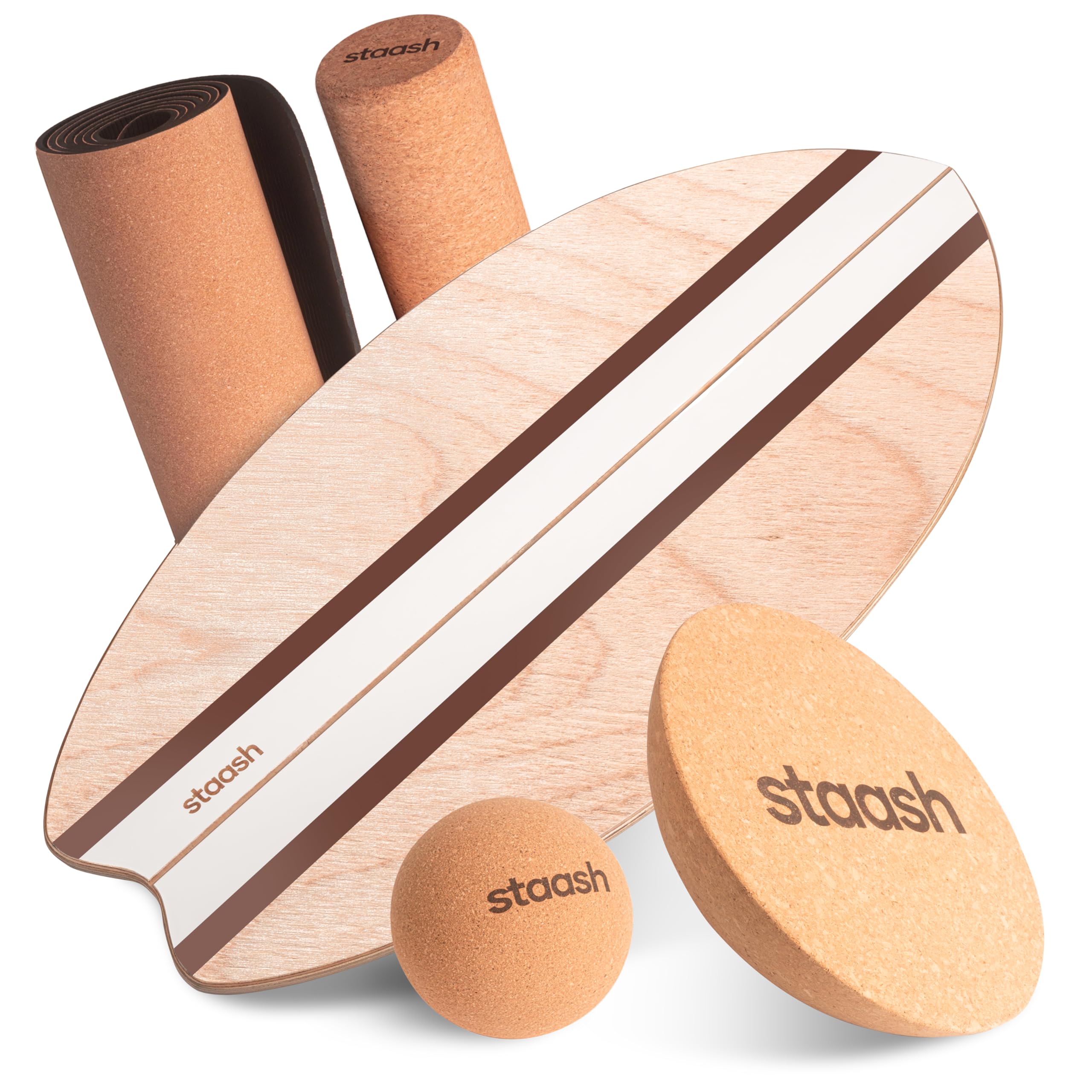 STAASH® Balance Board Trainer for Surf & Fitness – Wooden Core Strength Wobble Board | Complete Kit with Roller & 360° Cushion + FREE Online Training Access (Cacao)