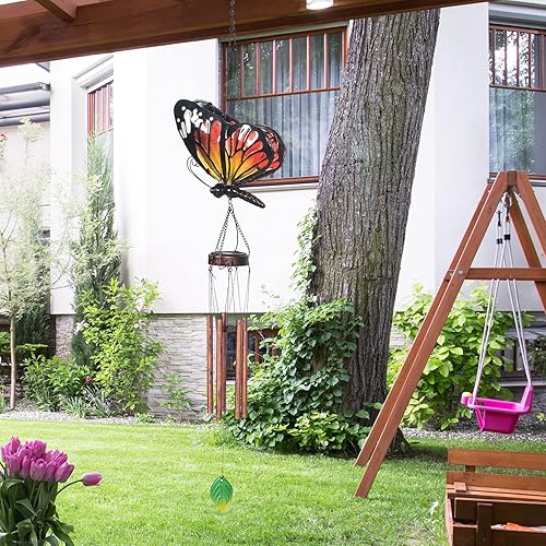 Miniatura 2 de Campanillas de viento solares colgantes de mariposa para exteriores, decoración exterior para patio, porche, jardín (naranja)