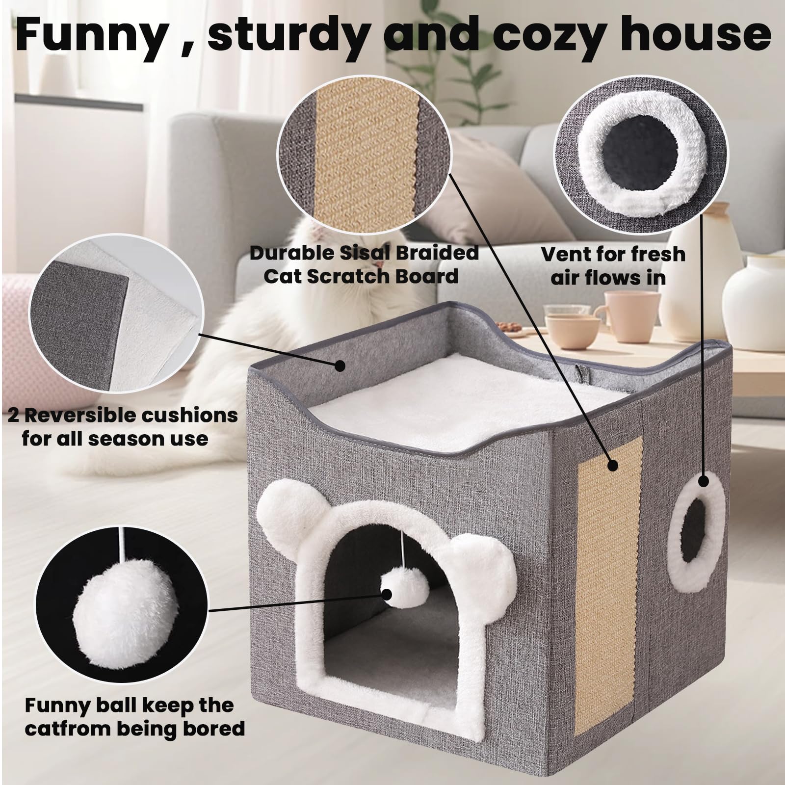 سرير قطط للقطط في الاماكن المغلقة، منزل قطط مكعب متعدد الوظائف مع لوح خدش للقطط وكرة منفوشة، سرير قطط كبير قابل للطي، 40 × 40 × 39 سم (رمادي)