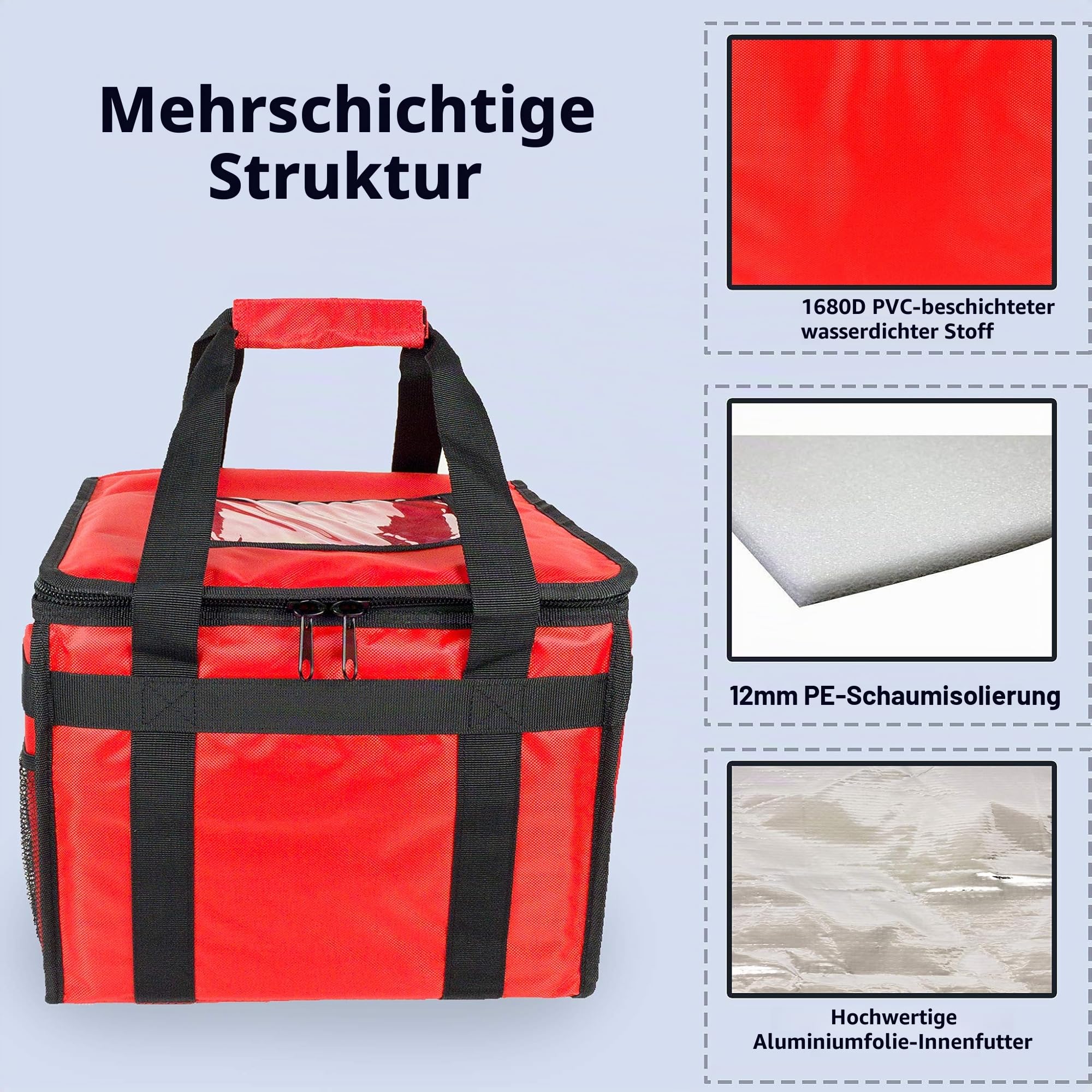 HFB30L Wärmespeichertasche für Pizza, Imbiss-Restaurant, Picknick, indisch, Chinesisch, Kebab, Catering, Liefertasche, thermisch isoliert, 32 x 32 x 30 cm, Rot