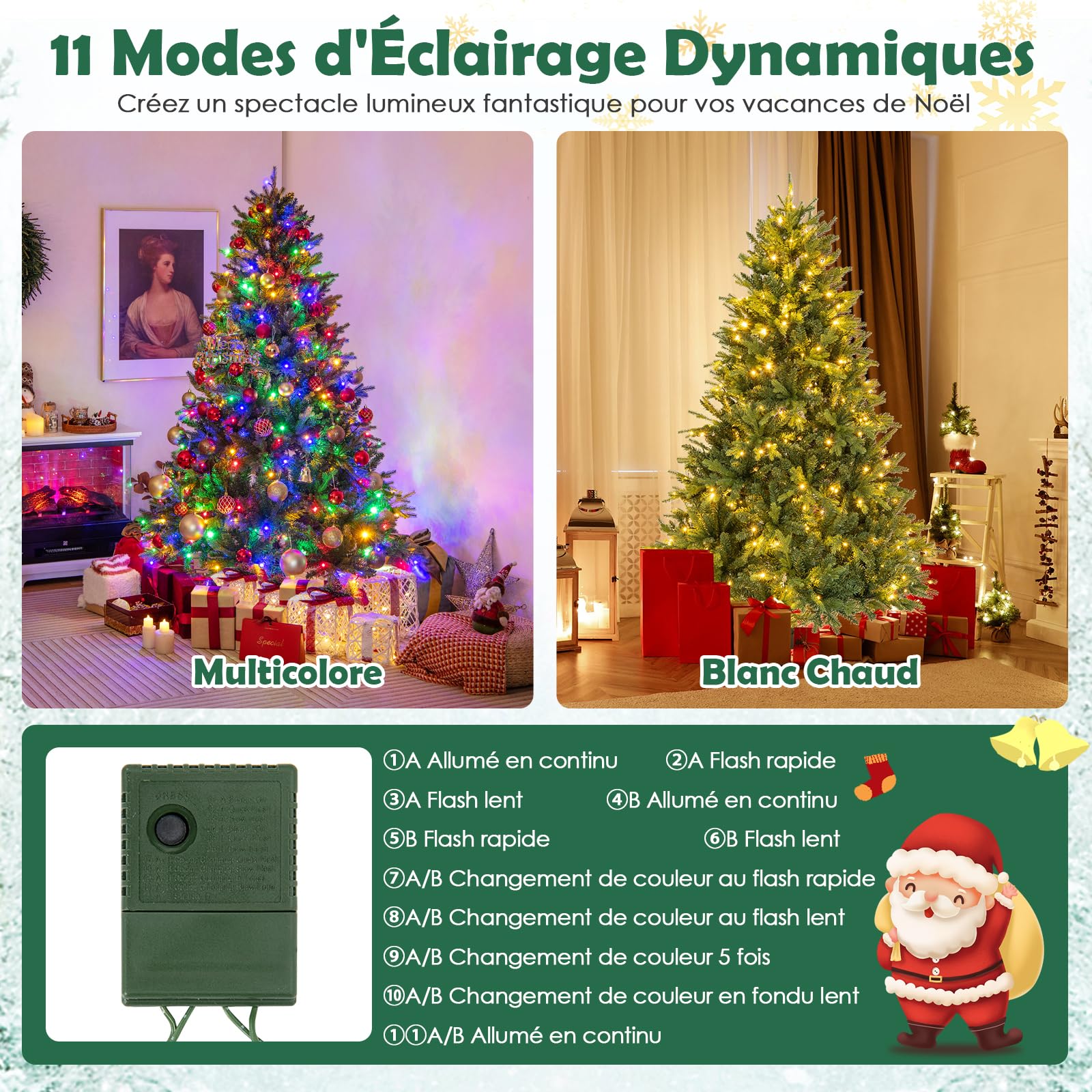 Sapin De Noël Artificiel Lumineux GYMAX 180 Cm - 280 LED Multicolores, 1000 Branches Blanc, Base Métallique