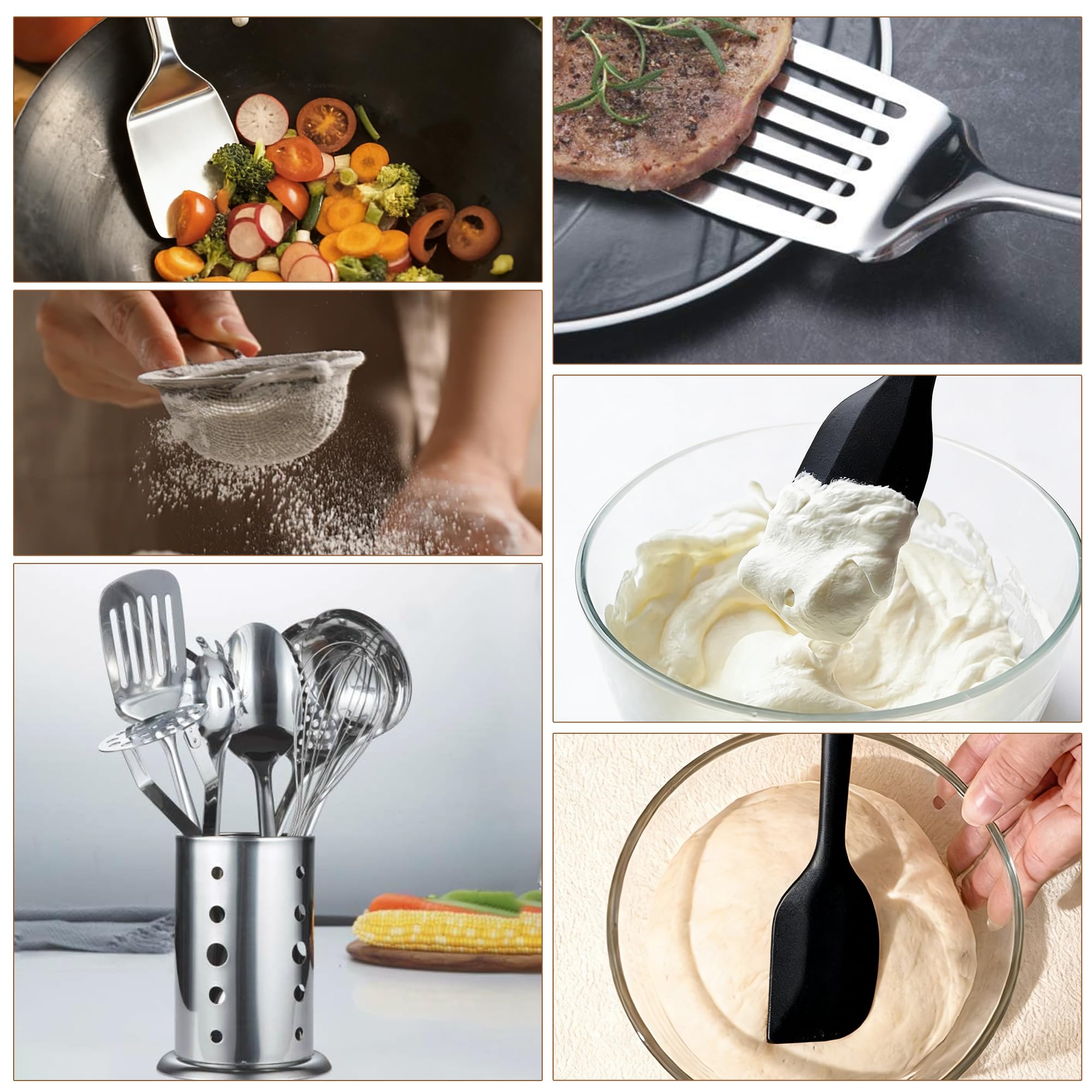 Lot de 18 Ustensile de Cuisine en Acier Inoxydable, Avec Spatule, Louche, Pelle, Spatule Fendue, Passoire, Fourchette à Viande, Cuillère à huile, Batte à œufs, Presse-Purée, Roulette à Pizza, Brosse