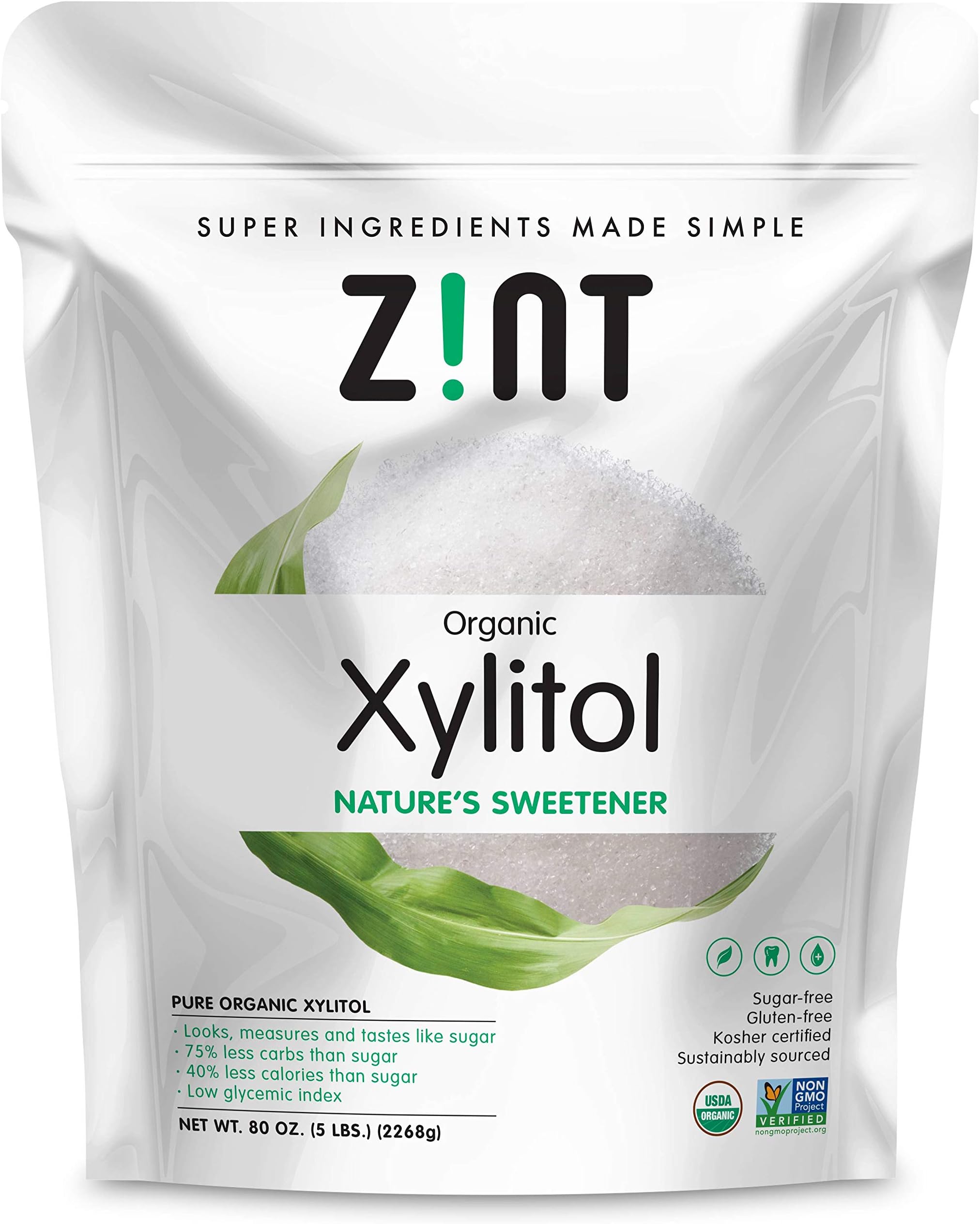 Zint Organic Xylitol Sweetener (5 lbs): USDA Certified Natural Sugar Free Substitute, Non GMO, Low Glycemic Index, Measures & Tastes Like Sugar, 80 Ounce