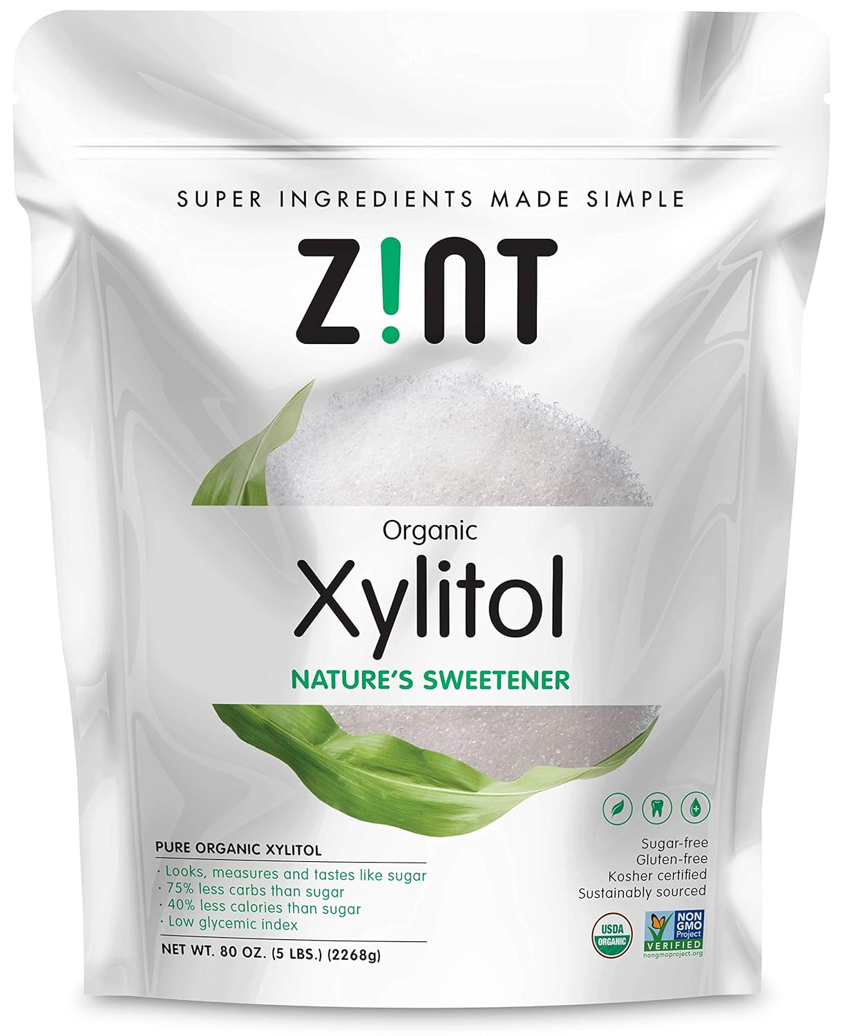 Zint Organic Xylitol Sweetener (5 lbs): USDA Certified Natural Sugar Free Substitute, Non GMO, Low Glycemic Index, Measures & Tastes Like Sugar, 80 Ounce