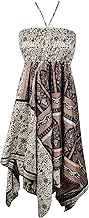 Womens Boho Sundress, Halter Dresses, Black White Summer Dress, Printed Handkerchief Hem Upcycled Silk Sari Beach Halter D...