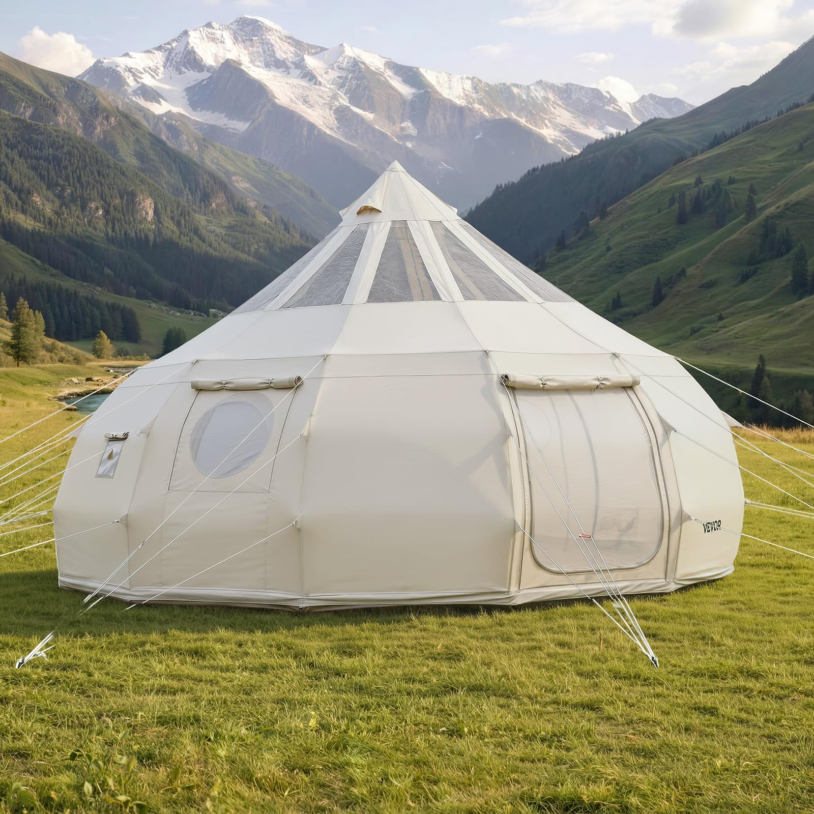 VEVOR Tenda a Campana 4 Stagioni 5 m per Campeggio, Tenda Yurta con Presa per Stufa, Tela in Policotone Traspirante, Max 12 Persone, con Copertura Antipioggia, per Glamping Caccia all'Aperto Feste