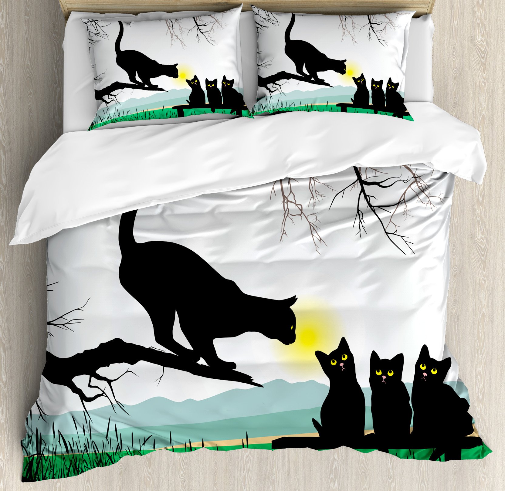Ambesonne Cat Duvet Cover Set, Mother Cat on Tree Branch and Kittens in Park Best Friends I Love My Kitty Graphic, Decorative 3 Piece Bedding Set with 2 Pillow Shams, Queen Size, Green Black