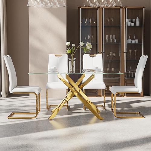 Miniatura 34 de Juego de mesa de comedor de 7 piezas para 6, mesa rectangular moderna de cristal con 6 sillas tapizadas de cuero, juegos de mesa y sillas de comedor