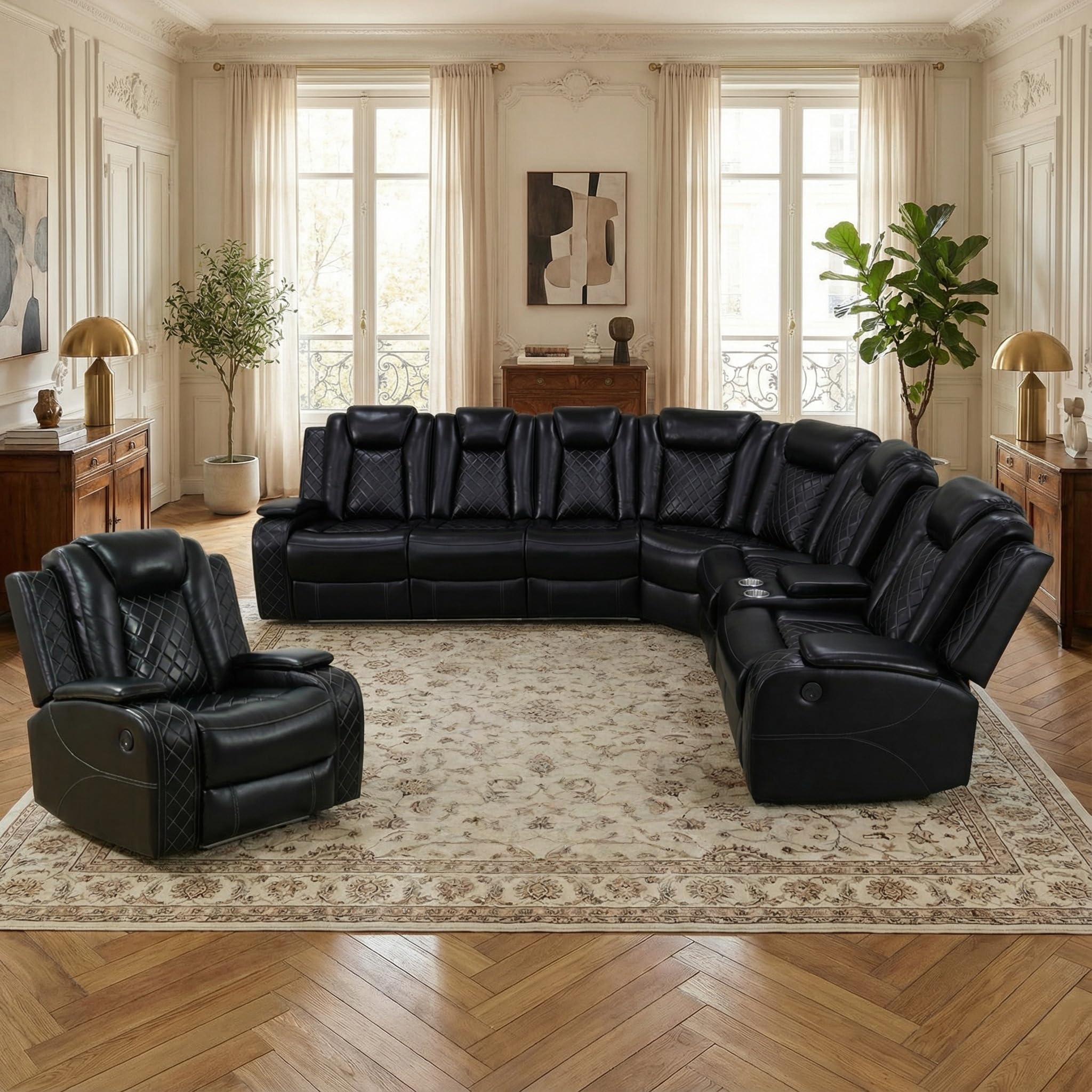 Power Recliner Sectional Sofa Set with Chair, Leather Reclining Couch Set for Living Room, Black Air Leather Recliner Sectional with Storage Console/Cup Holders/USB Ports/LED