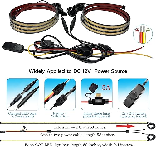 Miniatura 6 de Luces LED para caja de camión, 60 pulgadas, paquete de 2, COB 1584 LED, color blanco, 6500 K, 12 V, 30 W, IP67, con interruptor, soporte de fusibles