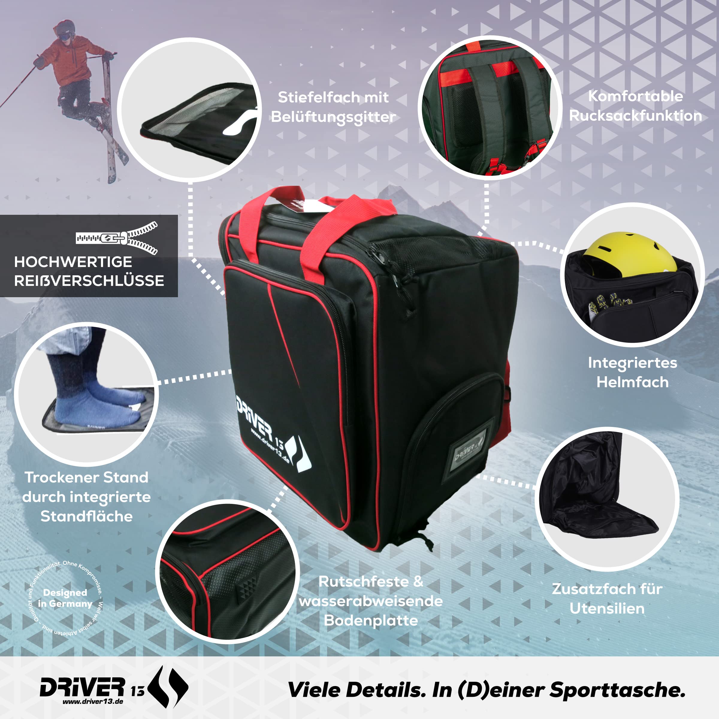 Driver13 Sac à Dos pour Chaussures de Ski avec Compartiment Casque, Sac bootbag pour Chaussures de Ski et Boots de Snowboard, Dimensions 40 x 28 x 44 cm, Noir/Rouge