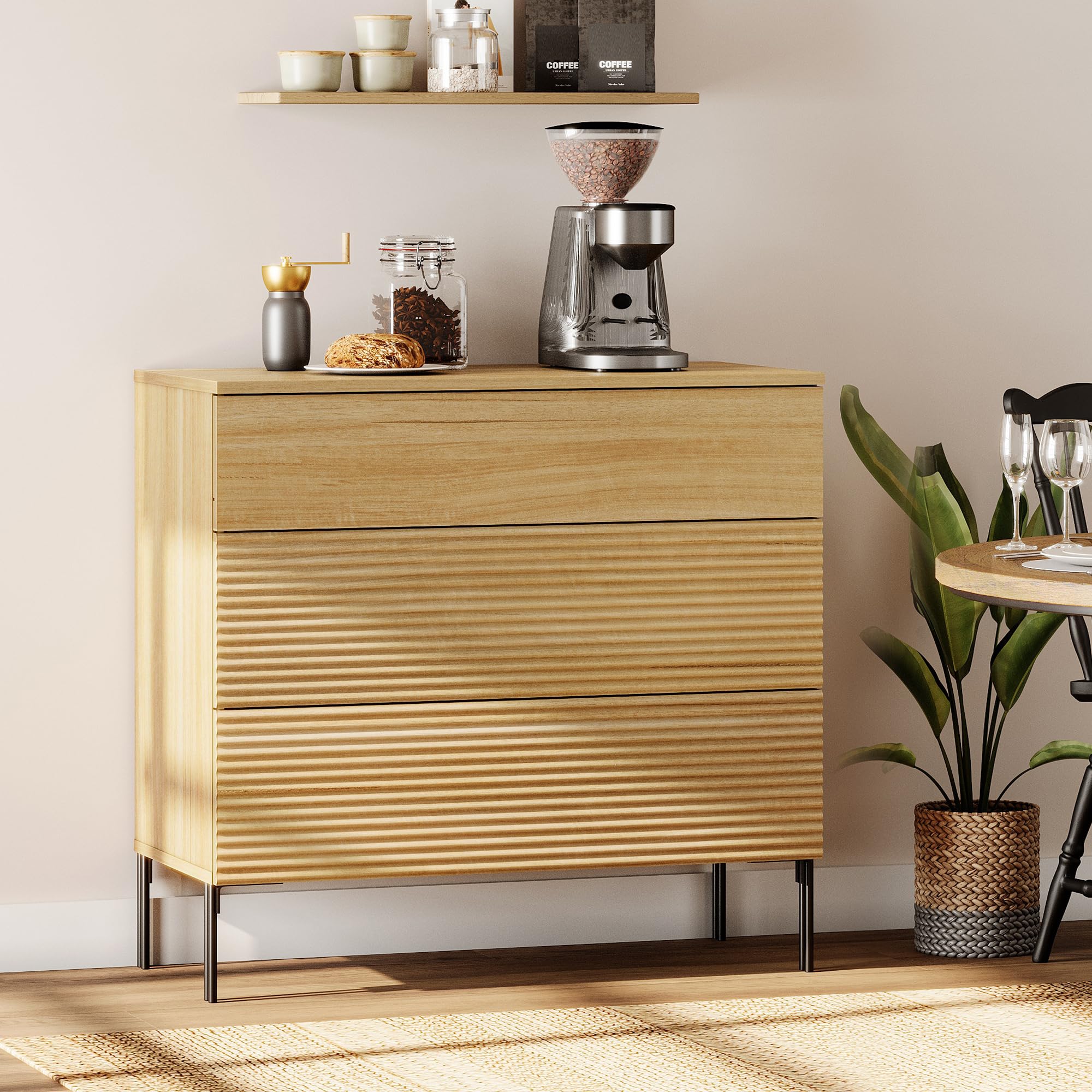 WAMPAT 31.5" W Fluted Sideboard Buffet Cabinet with Storage and 3 Drawers, Wooden Buffet Table, Coffee Bar Cabinet, Wine Bar Cabinet for Kitchen, Dining Room & Living Room, Oak