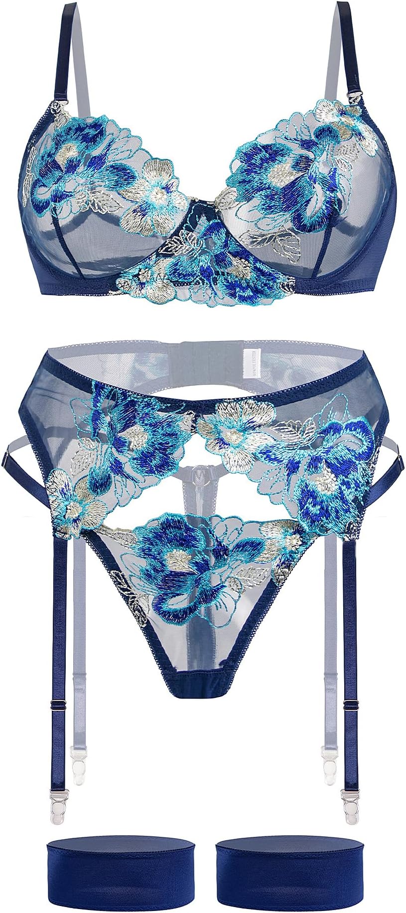Aranmei Lingerie Set for Women 4 Piece Lingerie Set with Floral Embroidered Lace Sheer Underwire Bra with G-String Thigh Bands with Garter Belt Lingerie Set