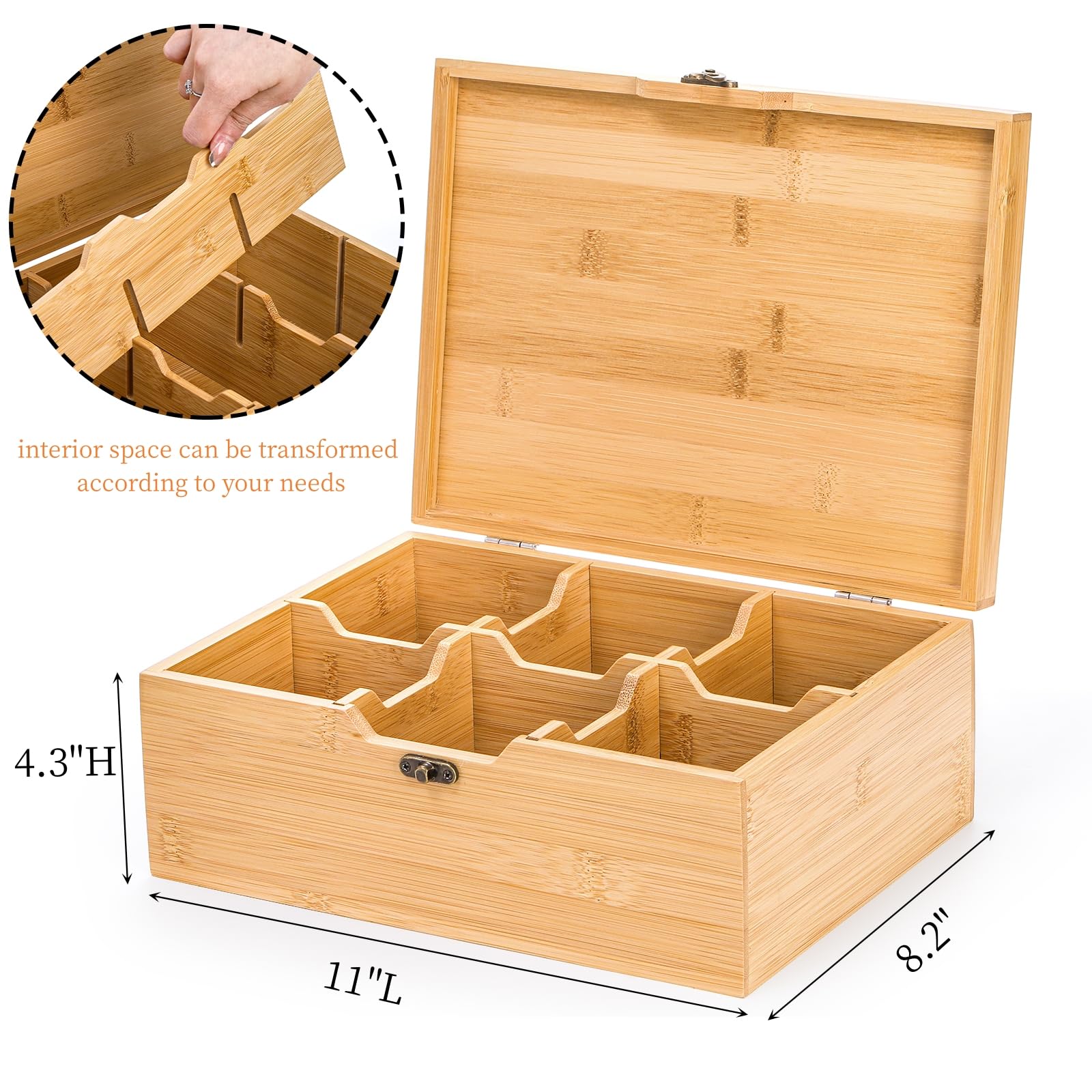Lyellfe Tea Organizer Box, Bamboo Tea Bag Holder with Lid, Multi-purpose 6-Compartment Coffee Condiment Holder Storage Caddy for Home, Office, Café