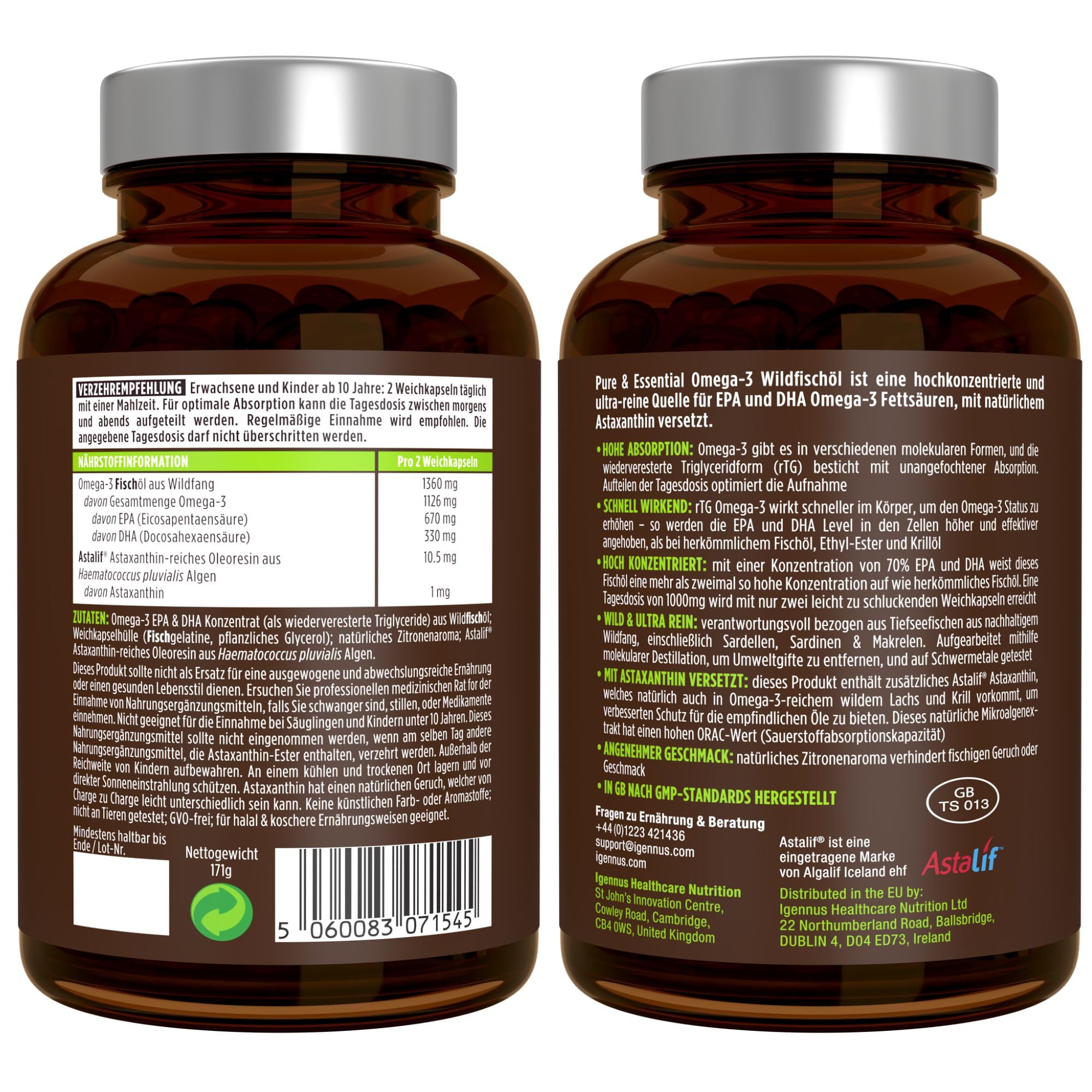 Igennus Hochwertigstes Omega-3 Wildfischöl 1360mg & Astaxanthin | Triglyceridform rTG, 1000mg EPA- und DHA-Fettsäuren, ultra rein; frei von Umweltgiften, Zitronengeschmack, 180 Weichkapseln