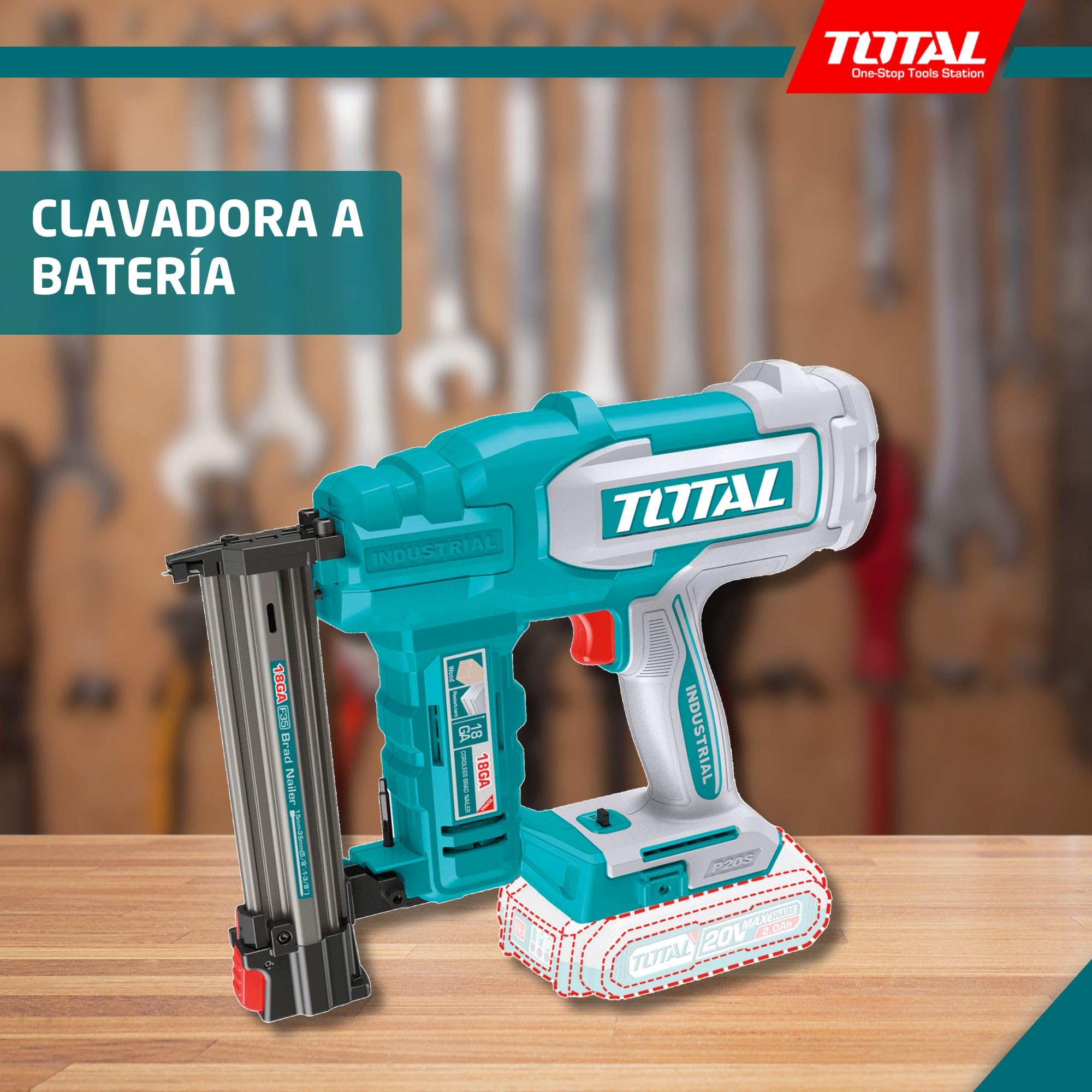 TOTAL - Clavadora a Batería 20V Profesional; 2 Clavos; Compatible F15-F35; Cargador 105 Clavos; Modelo TCBNLI2005; Herramienta Eléctrica sin Batería ni Cargador