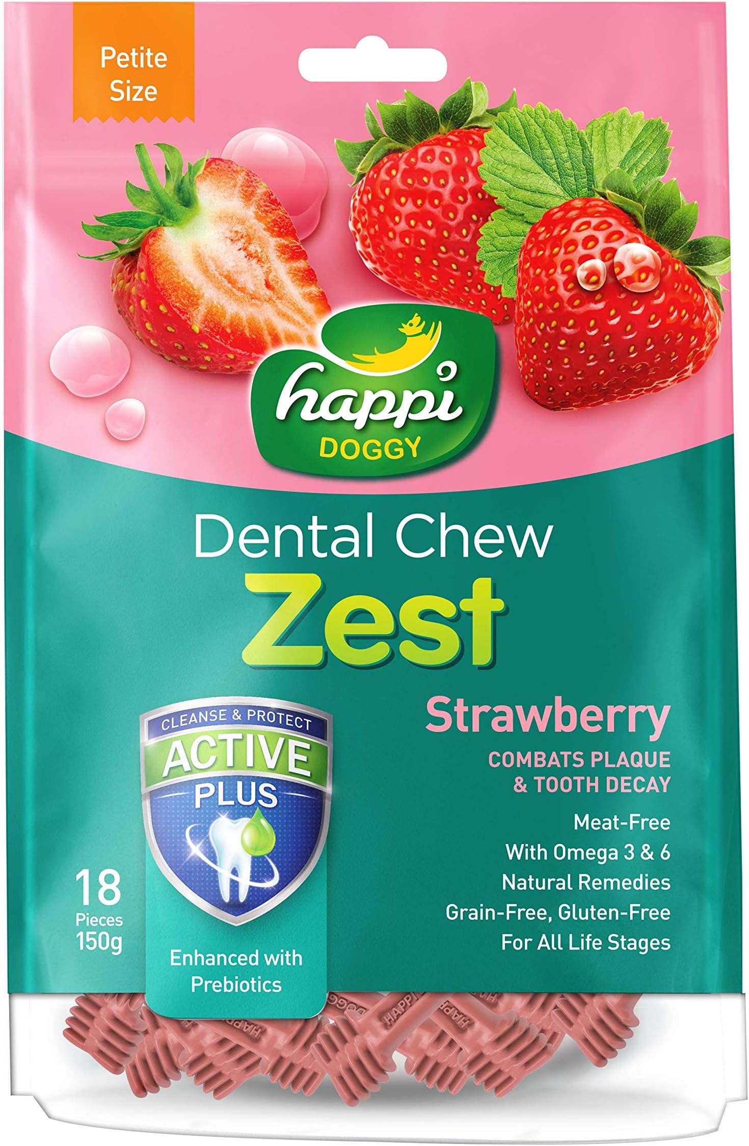 Heads Up For Tails Happi Doggy Gluten & Grain-Free Dental Chew Zest Dog Treats-Strawberry Flavor|Healthy Chew Treats|Oral Health & Dental Care|Nutritious Chews for Adult Dogs & Puppies-150 gm