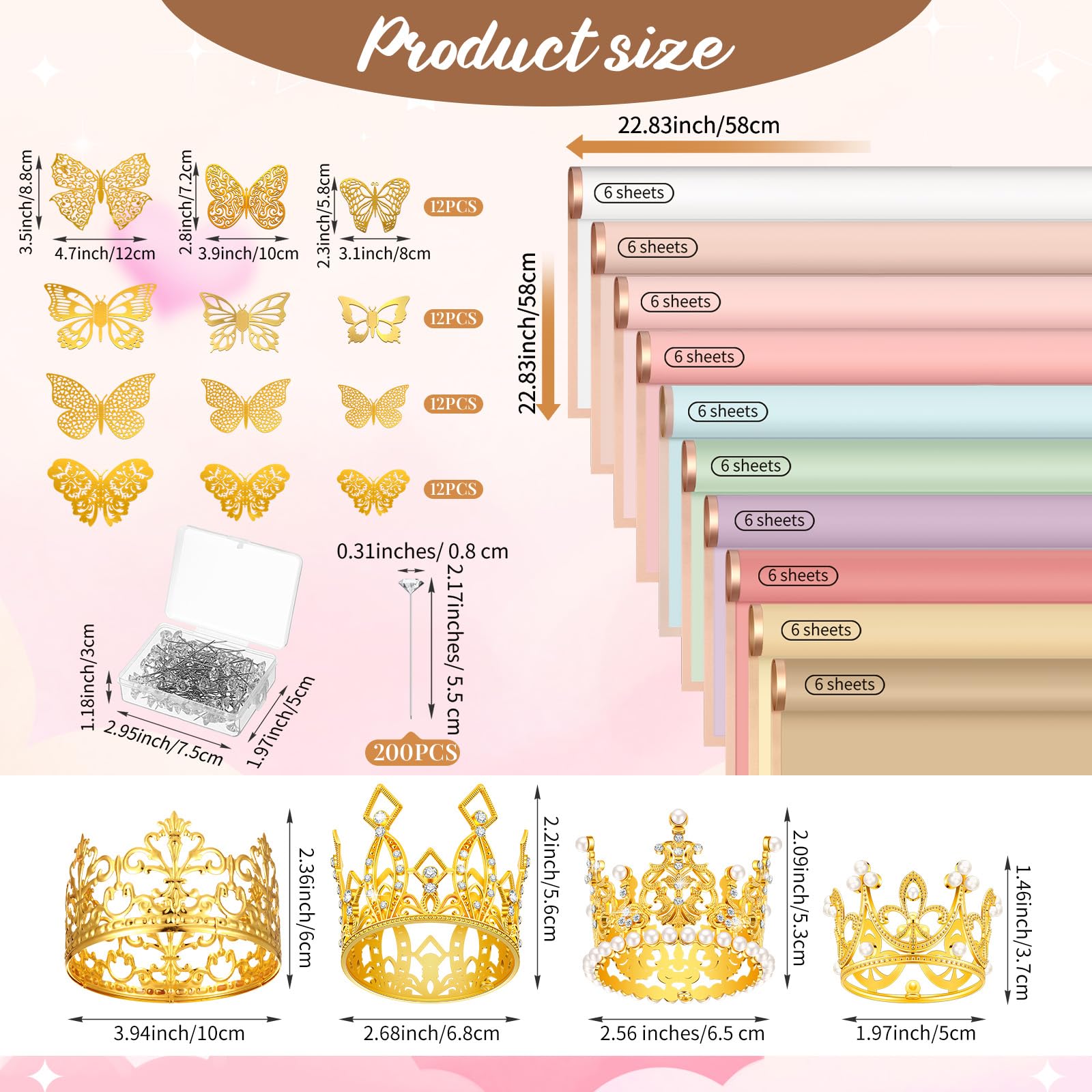 Estune 60 Sheets Valentine Flower Wrapping Paper Bulk 4pcs Crown Cake Topper 200pcs Bouquet Wedding Corsages Pins for Flower 3D Gold Butterfly Wall Decor for Birthday Wedding DIY Craft(Cute Color)