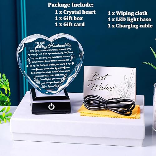 Miniatura 6 de YWHL Regalos para marido de esposa con base LED colorida para aniversario, regalos de cumpleaños para marido a mi esposo, recuerdo de corazón de