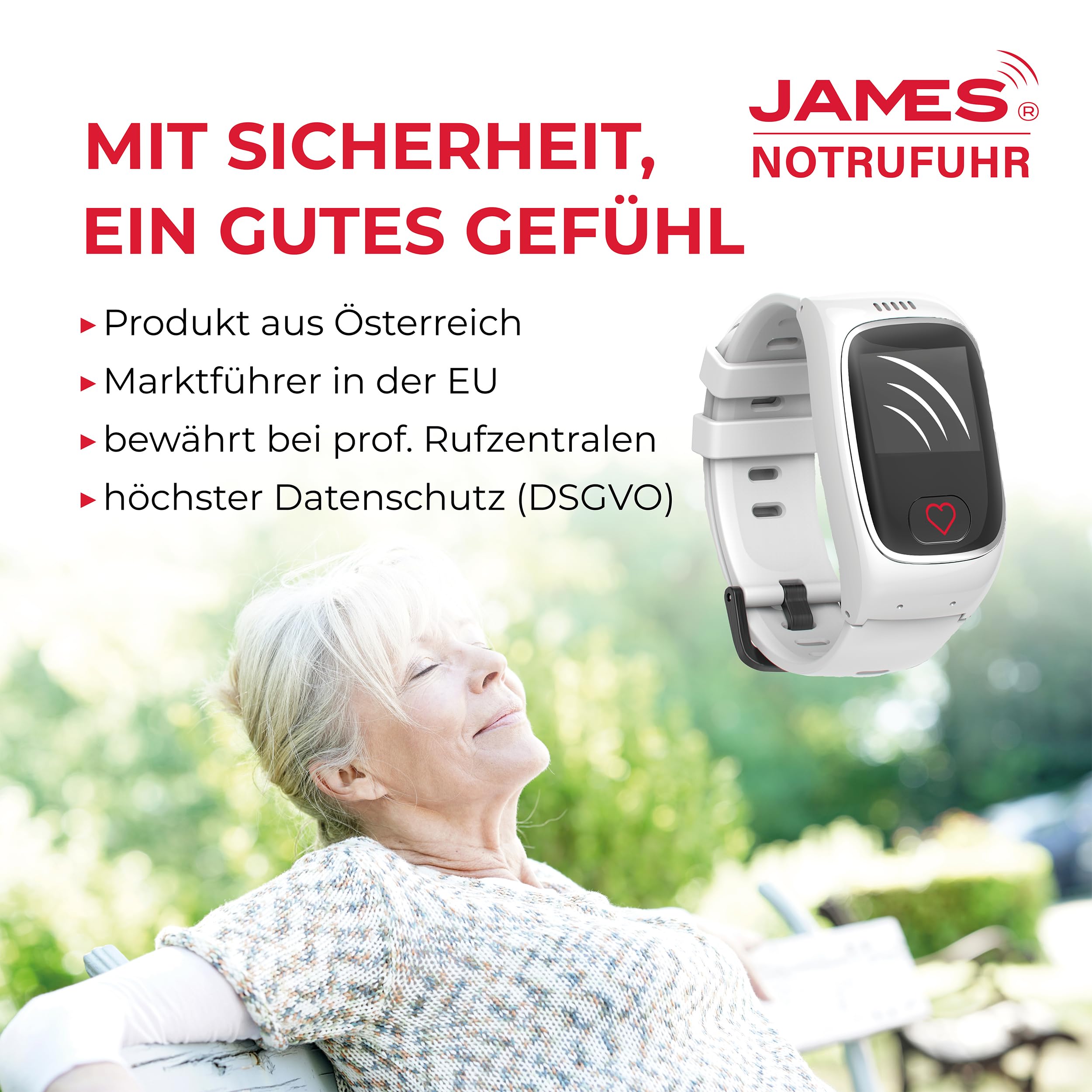 James B8 Notruf- & Sicherheitsuhr für Senioren (Weiss) mit GPS, Sturzerkennung, SOS-Knopf, Pulsmessung & Gesundheitsfunktionen, Familien-App, lauter Alarm, inkl. SIM-Karte & 2 Gratis-Monate Tarif