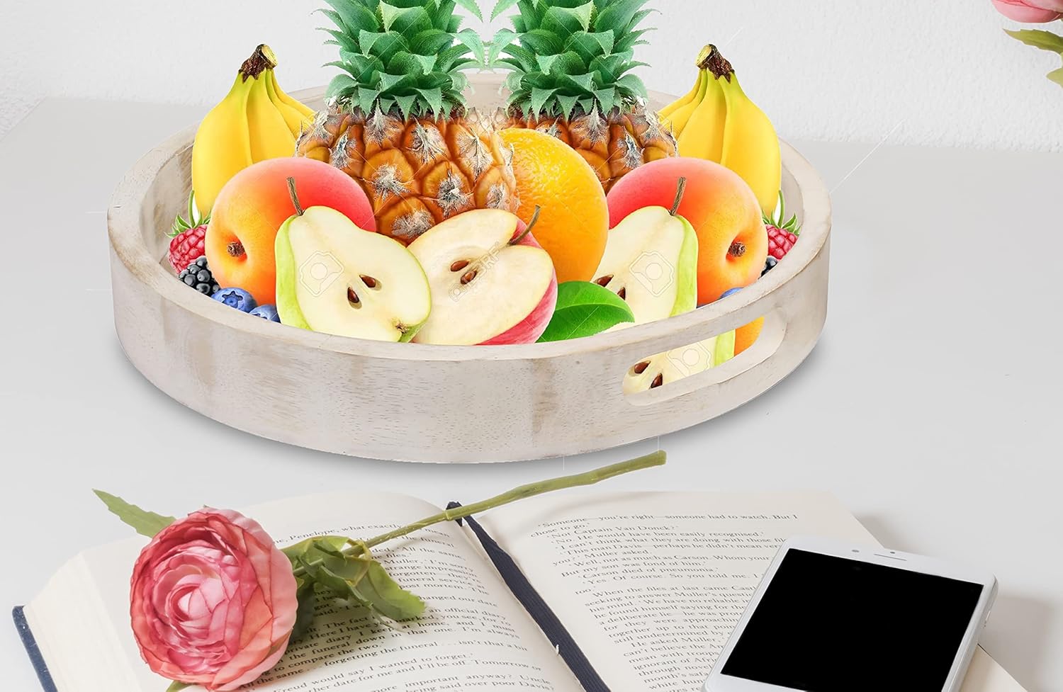 Decorative Coffee Table Tray, Set of 2 White, Wooden Round Serving Tray for Living Room, Wood Ottoman or Side Table, Charcuterie Board Cheese Platter, Fruit Baskets, White Distress, 12x12x1.5