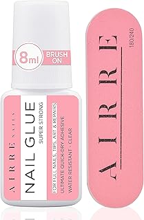 Extra Strong Nail Glue for Acrylic Nails, Nail Tips & Press-On Nails (8ml) AIRRE Brush-On Nail Glue & File for Glue-On Fake Nails, Fix Broken Nail Repair. Acrylic Nail Glue Nail Bond Nail Glue Gel