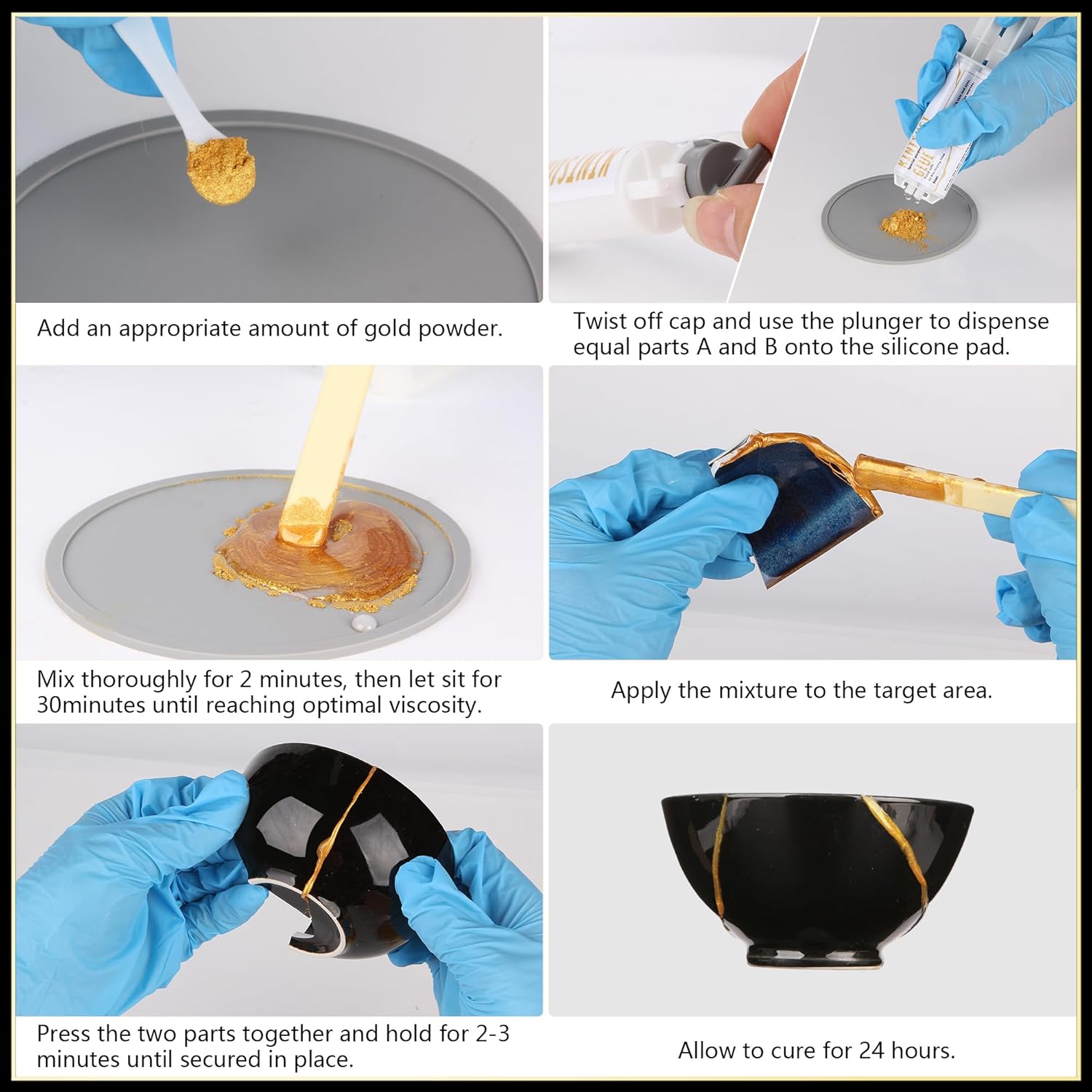 Six-panel image illustrating the Kintsugi repair process: adding powder, dispensing glue, mixing, applying, pressing pieces, and curing.