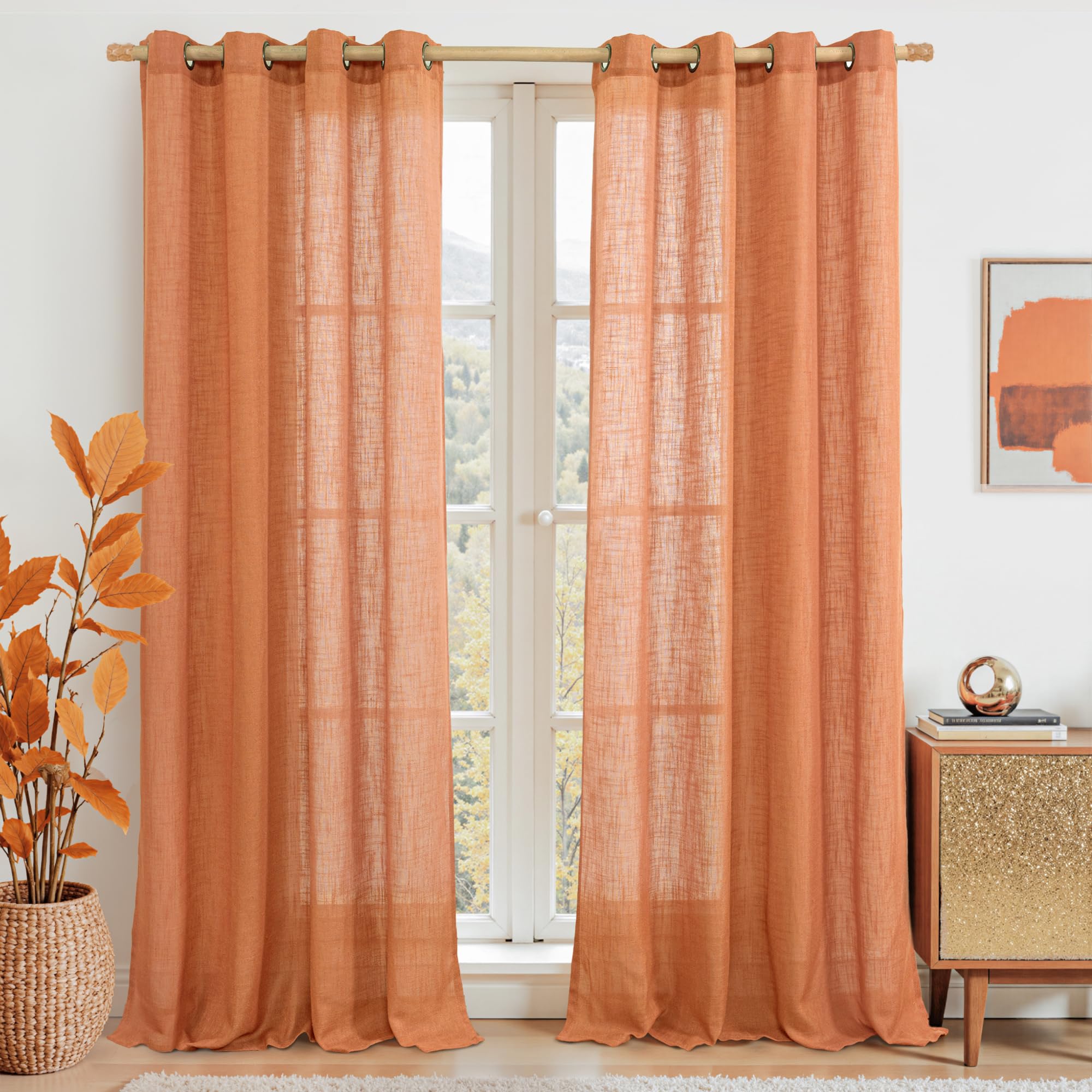 LAMIT Burnt Orange Linen Curtains for Living Room, 90 Inches Long Light Filtering Semi Sheer Panels Neutral Boho Farmhouse Drapes with Bronze Grommet for Living Room, 2 Panels, 52 x 90 Inch — image 1