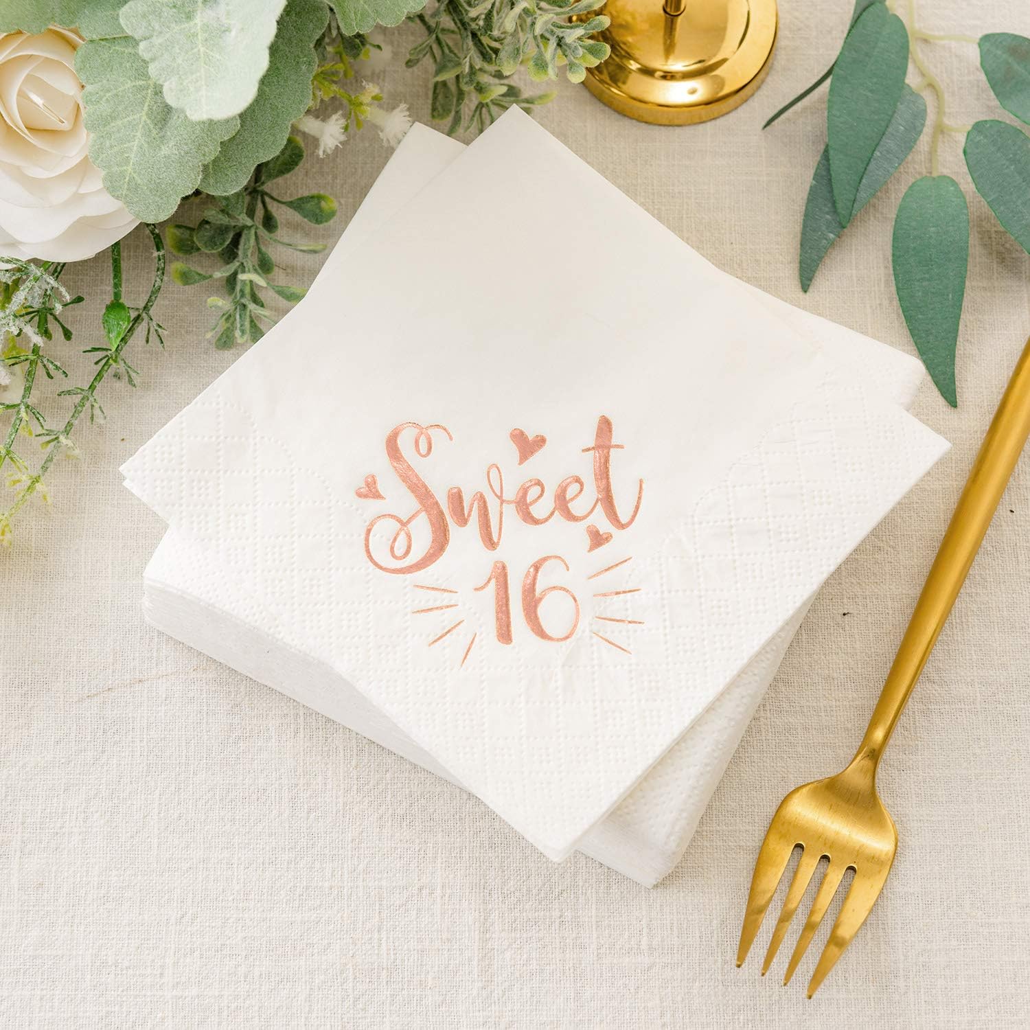 Crisky 3-Ply Sweet 16 Cocktail Napkins for 16th Birthday Decorations Candy Table Decor, Beverage Napkins Sweet 16 Birthday Supplies, 50 Pcs, Rose Gold, 4.9" x 4.9" Folded