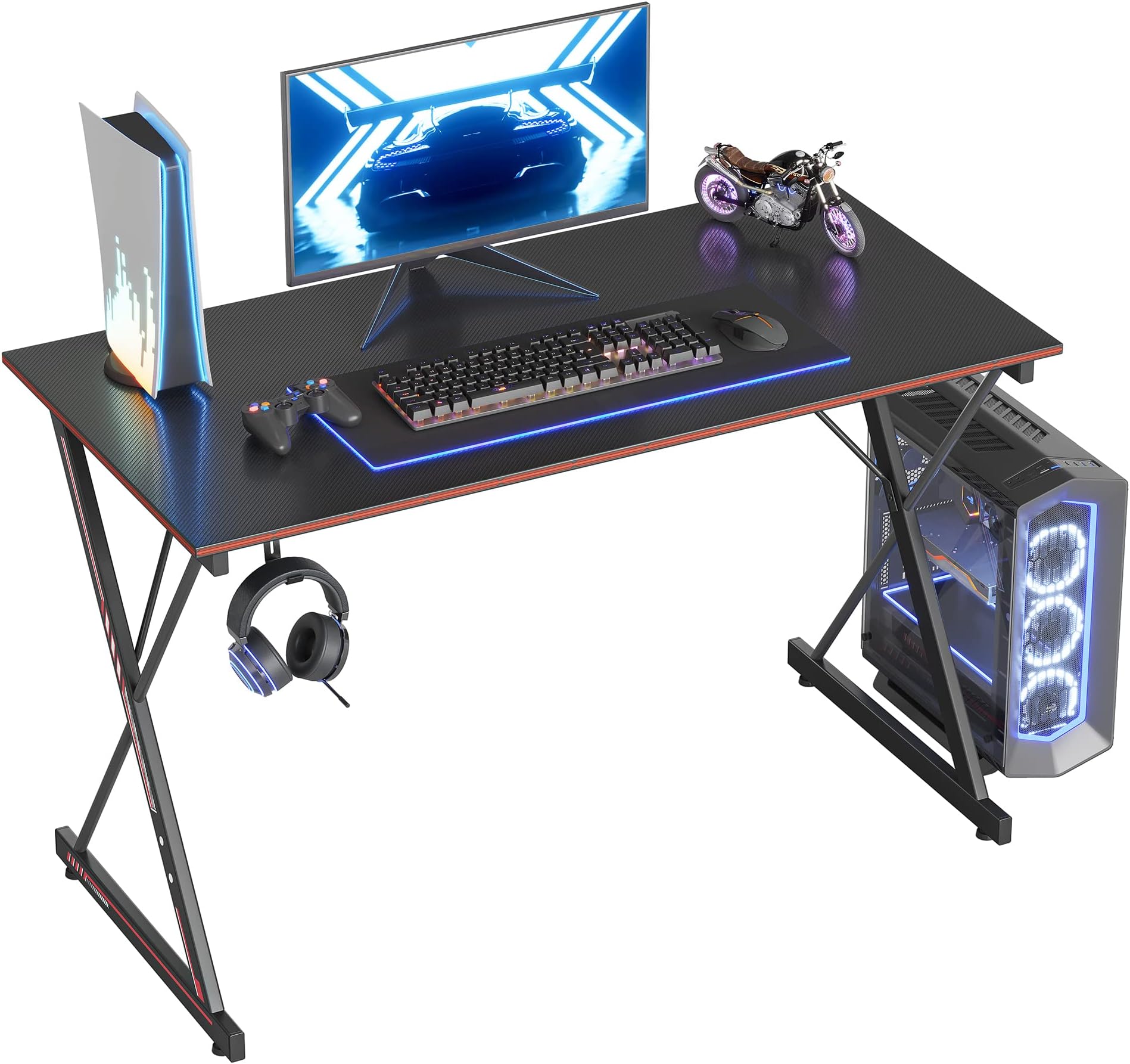 CubiCubi Gaming Desk 47 Inch PC Computer Desk, Carbon Fiber Home Office Desk Table Gamer Workstation, Simple Game Table with Headphone Hook, Dark Black
