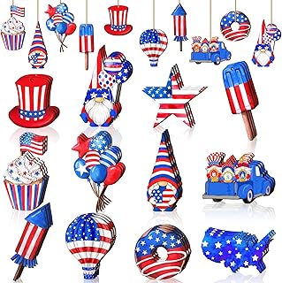 Karenhi 36 Pcs 4th of July Christmas Ornaments for Tree Hanging Independence Day Wood Ornaments American Flag Star Gnome Ornaments Patriotic Decorations for Home Memorial Day Decor(Stylish)