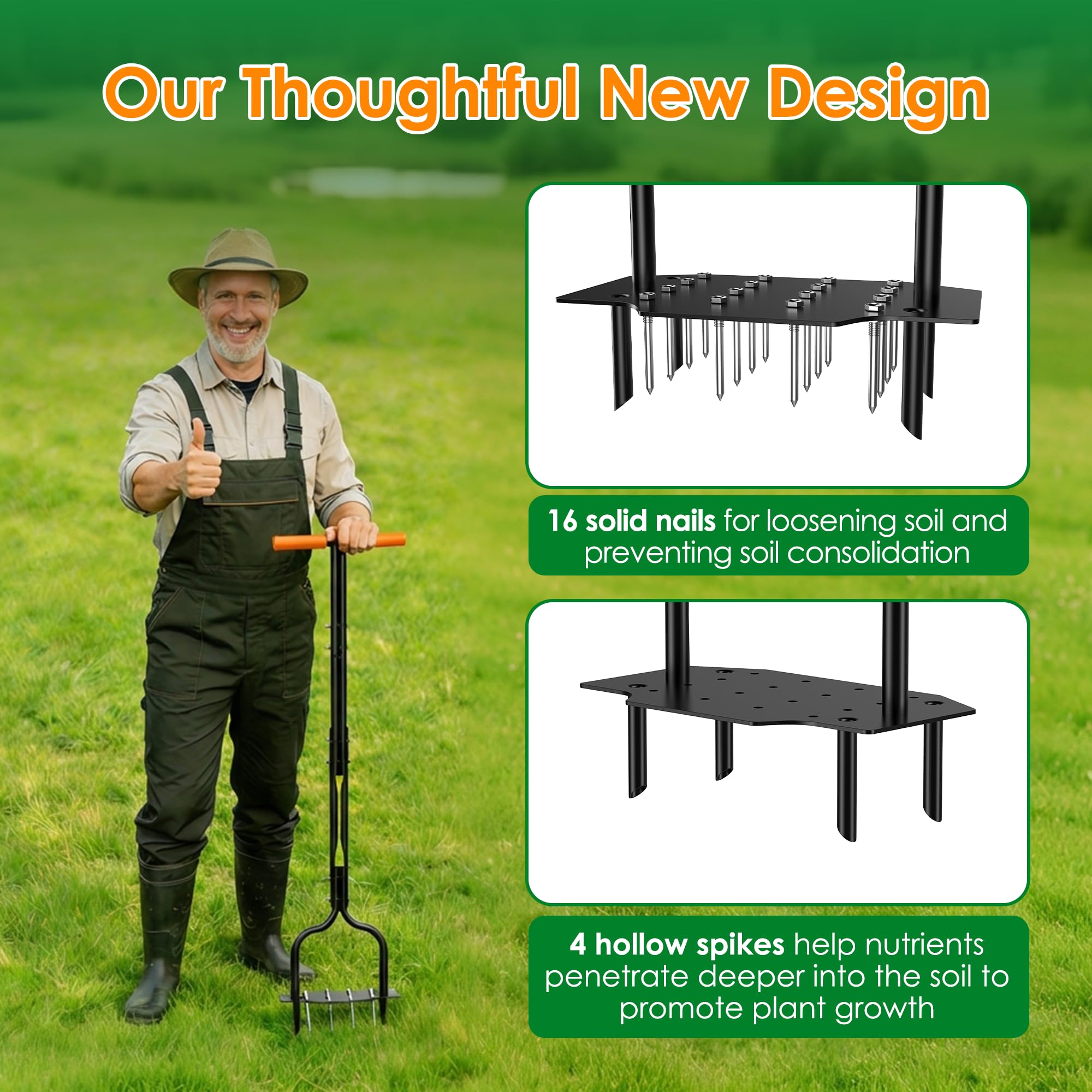 2-in-1 Lawn Aerator, Heavy Duty Manual Core Aerator Lawn Tool with 16 Iron Spikes & 4 Hollow Tines Garden Tools for Yard Grass Soil - 2