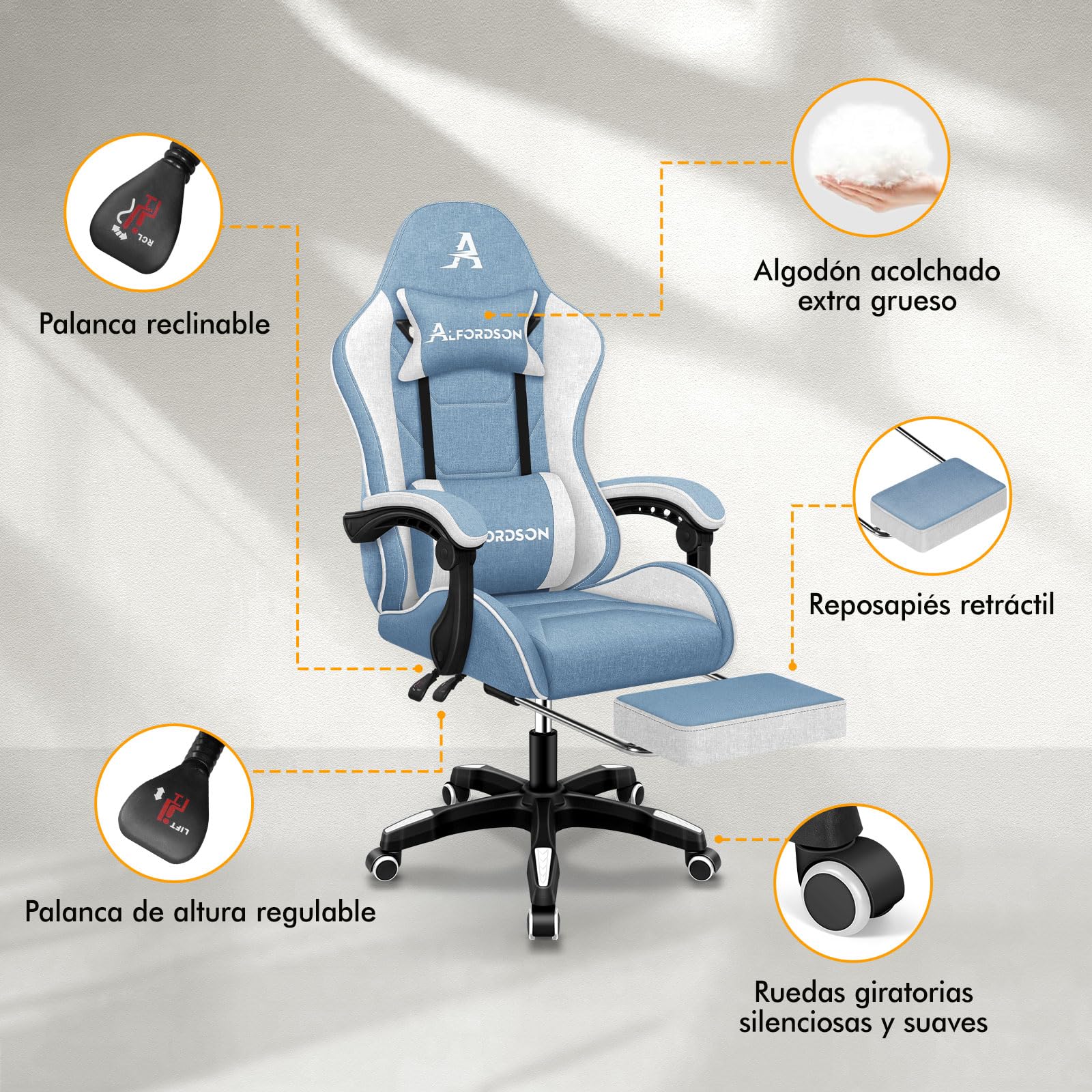 ALFORDSON Silla Gaming Ergonómica con Masaje, Silla Gamer de Oficina con Lumbar Massaggiante, Reposapiés Retráctil,Altura Ajustable,Reclinable 150°,Asiento Cómodo,Soporta 180 kg, Lino(Azul y Blanca)