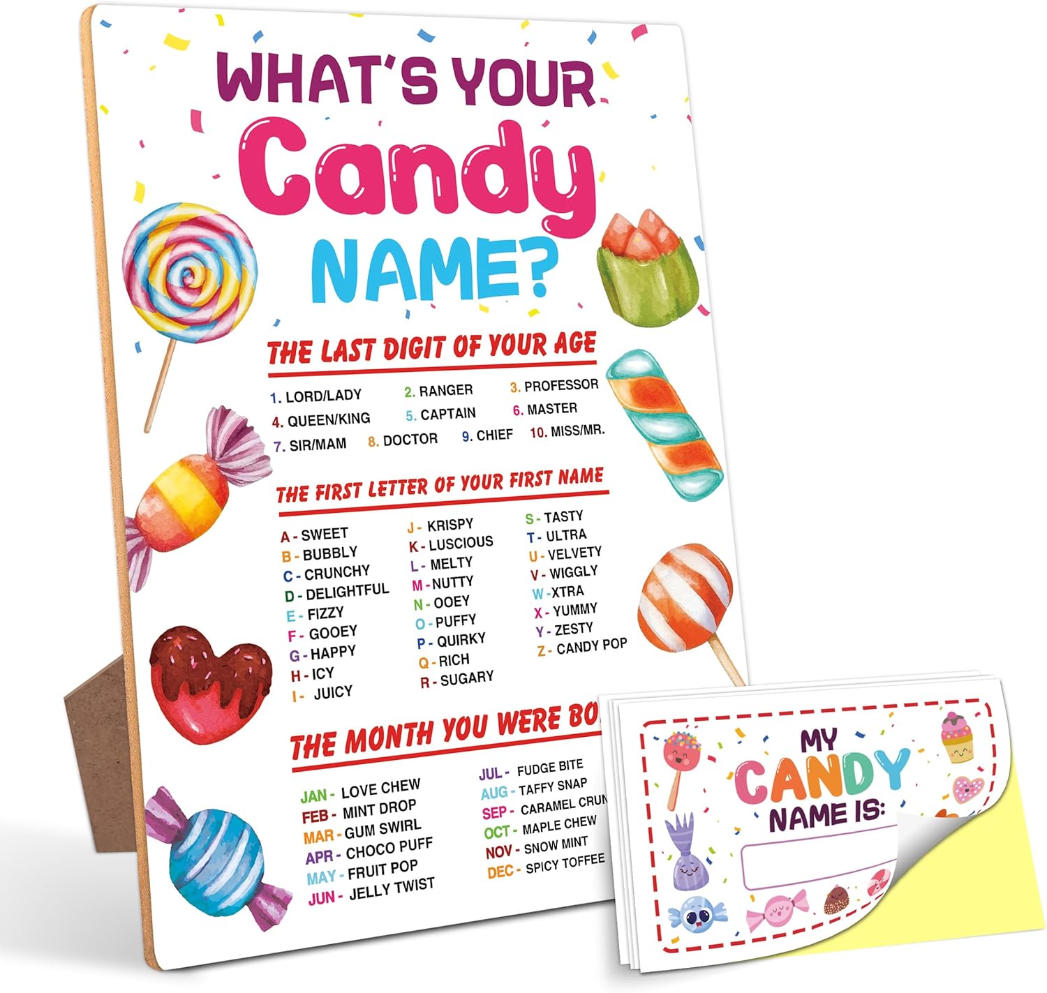 Candy Decorations for Birthday Party Game, What is Your Candy Name,6×8 Wooden Play Sign with Stand and 30 Name Stickers Set
