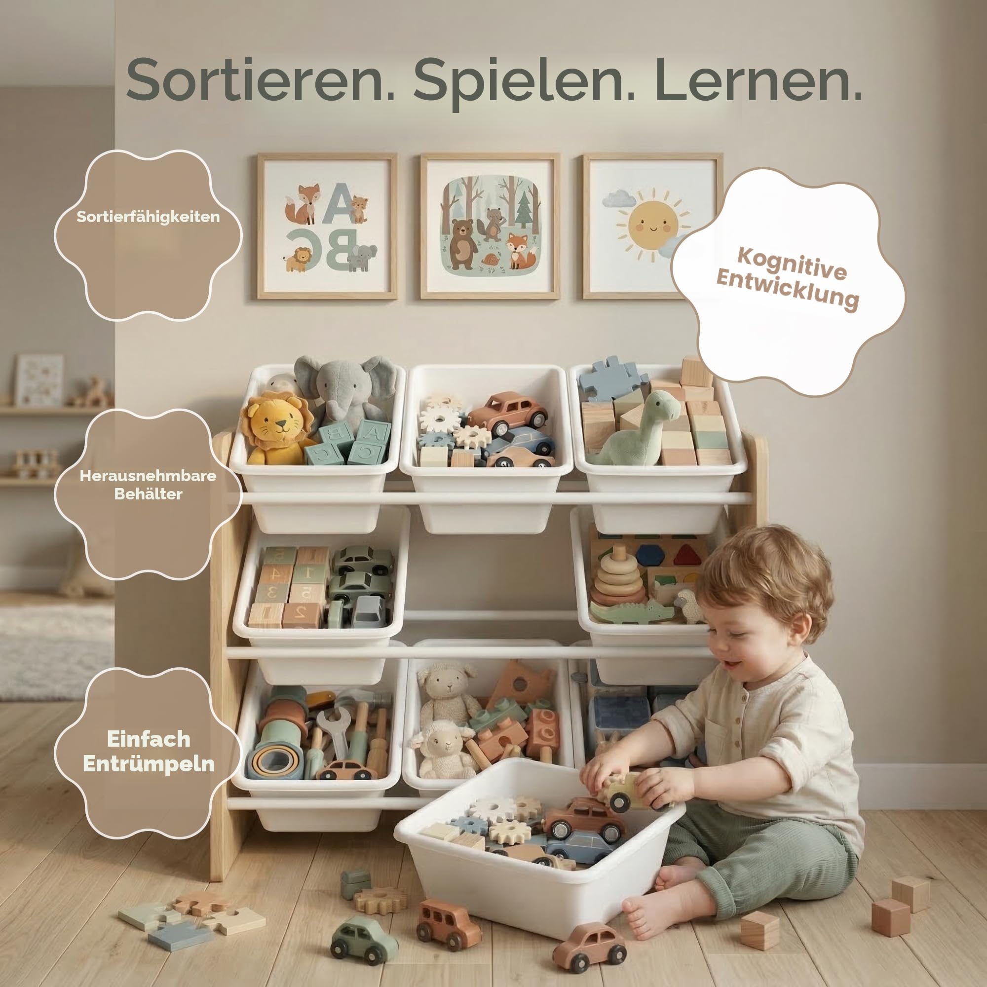 Humble Crew stilvolles Kinderregal aus Holz, Natur/Weiß! 9 Boxen für Spielzeug, ideal für Kinderzimmer. Ordnung mit Charme schaffen