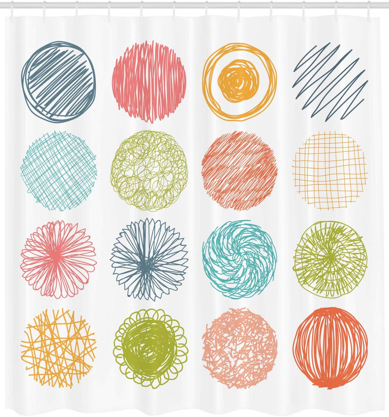 Ambesonne Colorful Shower Curtain, Doodle Style Scribble Composition Circles Stripes Joyful Illustration, Cloth Fabric Bathroom Decor Set with Hooks, 69" W x 84" L, Orange Coral