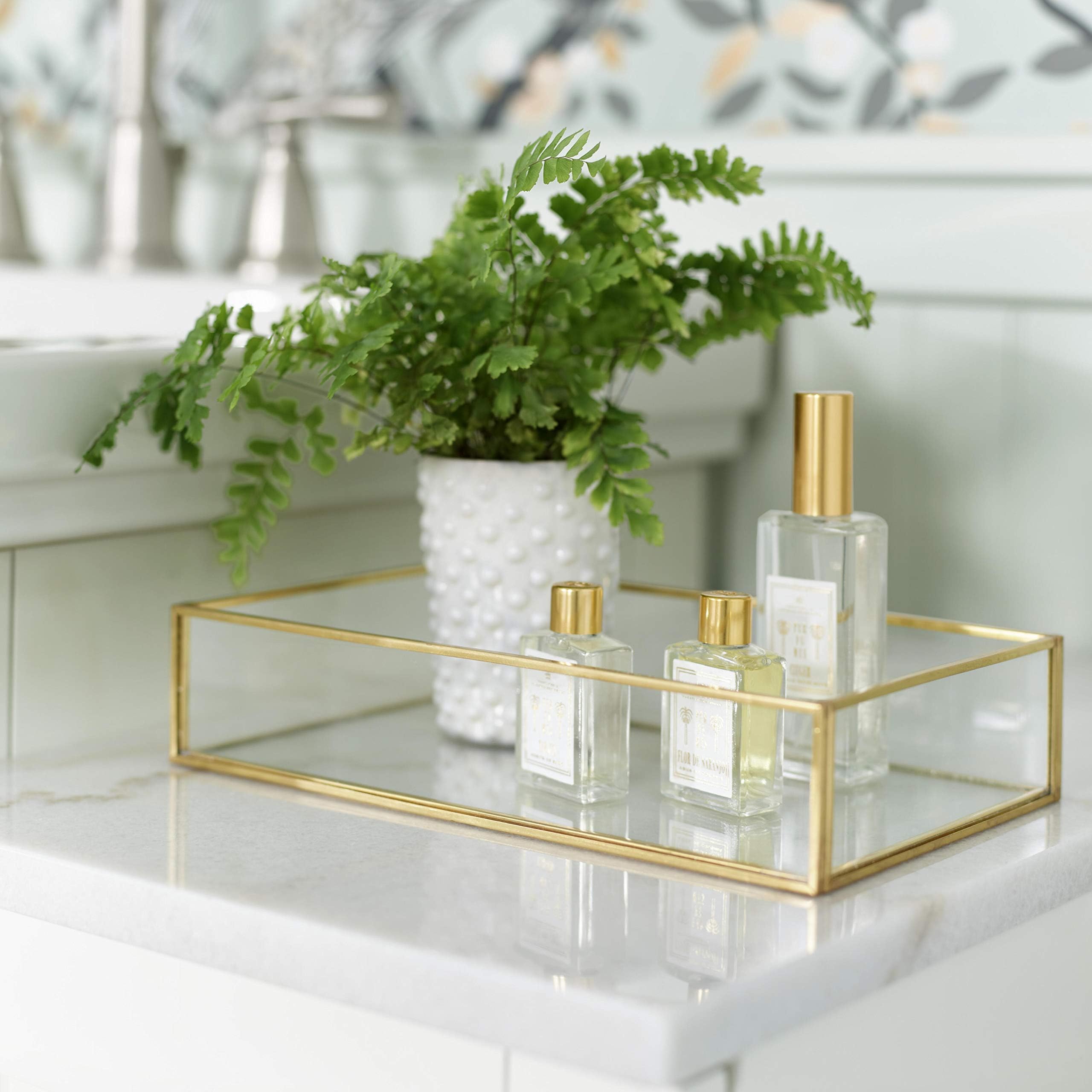 Rectangle Glass Tray with Gold Rim and Rectangular Mirror Base Vanity Table Decoration [9 x 7 inches]