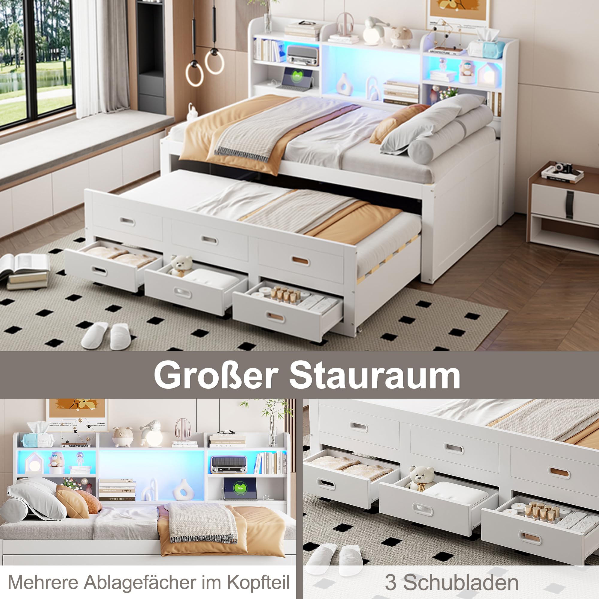 EINHOM Einzelbett 90x200 - Stauraumbett Mit USB & Hydraulik