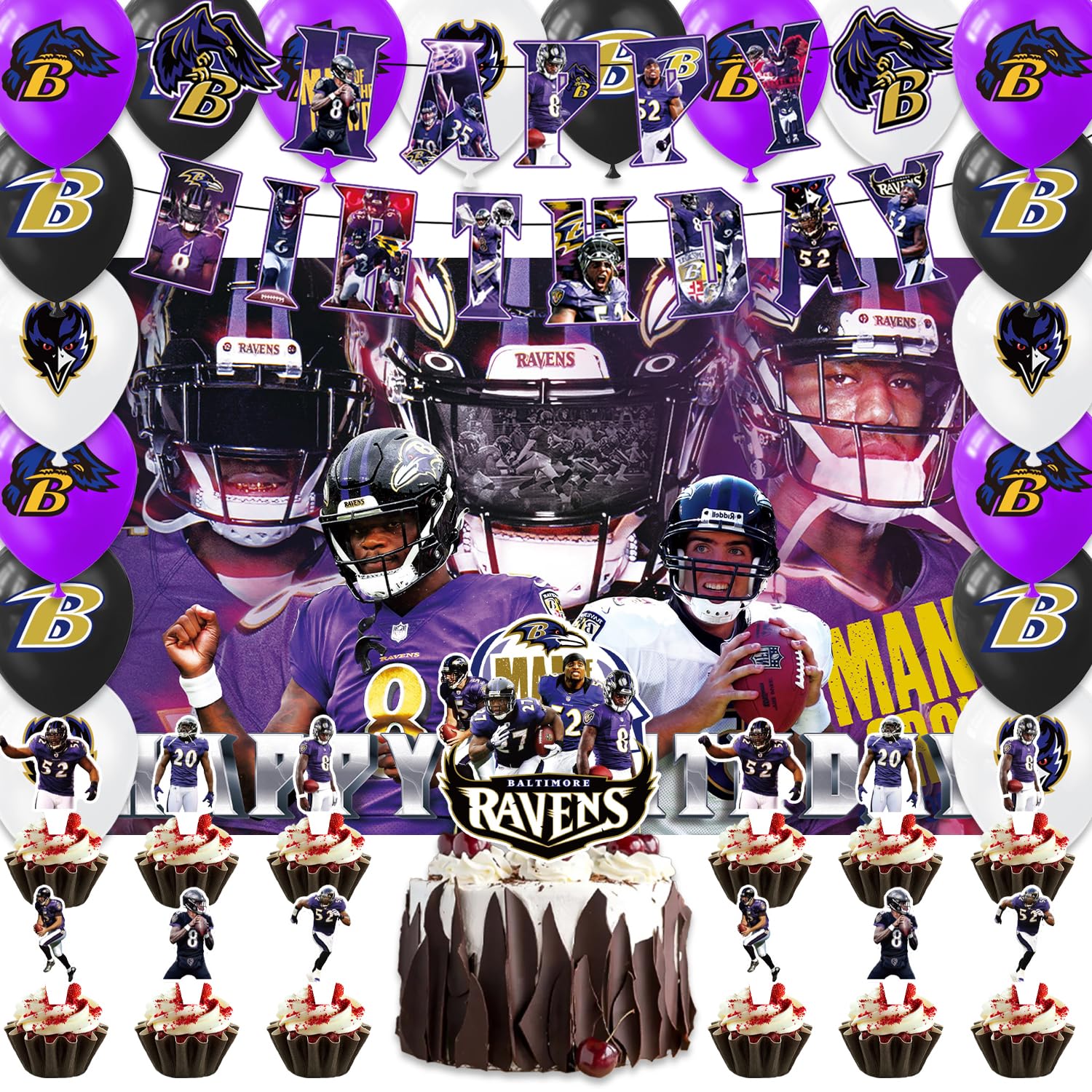 42pcs Baltimore Party Decoration Pack Includes，Banner，Cake Topper，Blackdrop,Balloons for Ravens party decoration