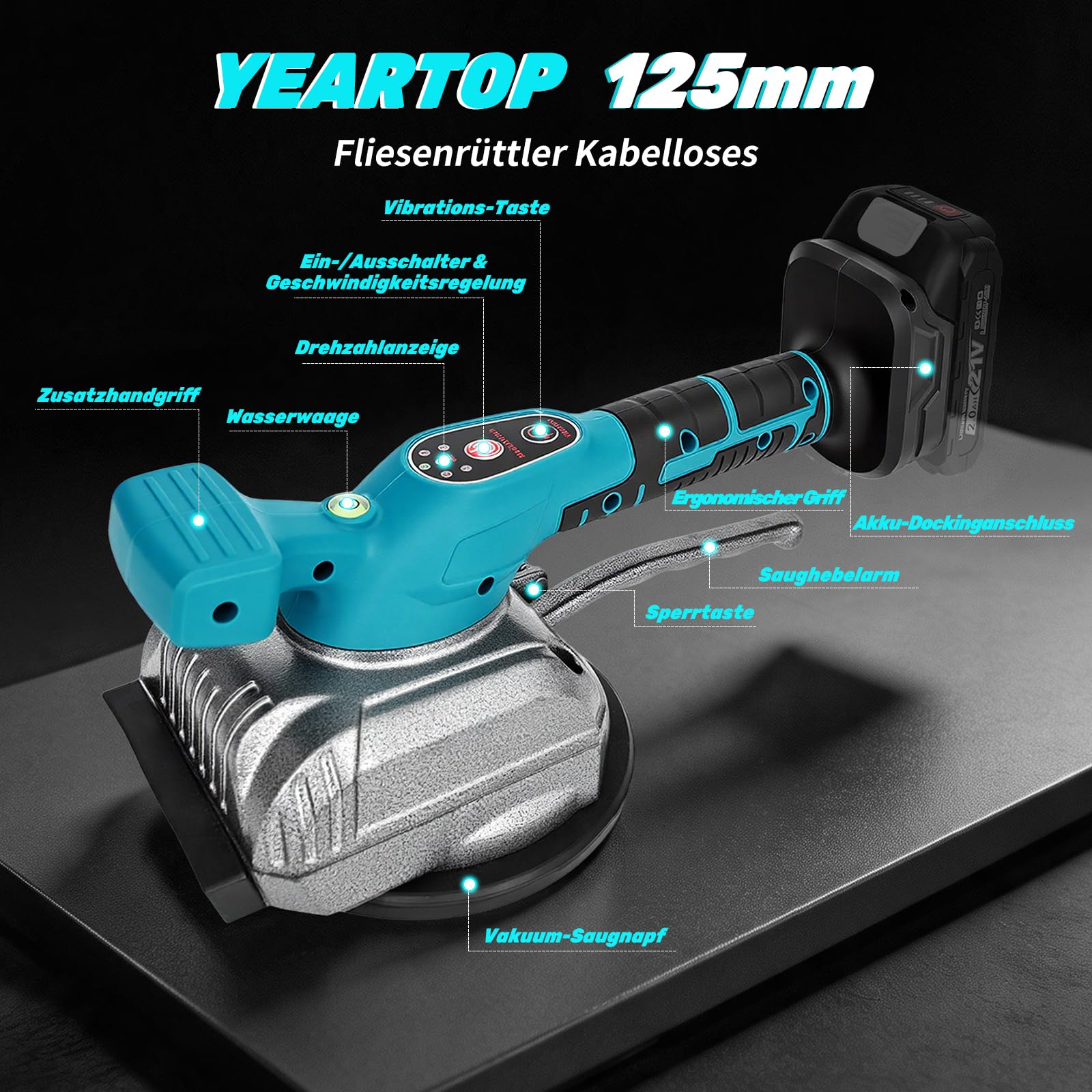 YEARTOP 2-in-1 Fliesenrüttler Akku 125mm Saugnapf Kompatibel mit Makita 18V | Fliesen Vibrationsgerät für Fliesen/Marmor/Holz/ Gipsplatte, Max 12000 RPM 5 Gänge, 110LBS Saugheber mit 2x 2.0Ah Akkus