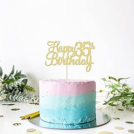 Gyufise 1Pc Happy 35th Birthday Cake Topper Glitter 35th Birthday Cake Pick Cheers to 35 Years Old Thirty-five Fabulous Cake Decorations for 35th Birthday Theme Party Supplies Gold