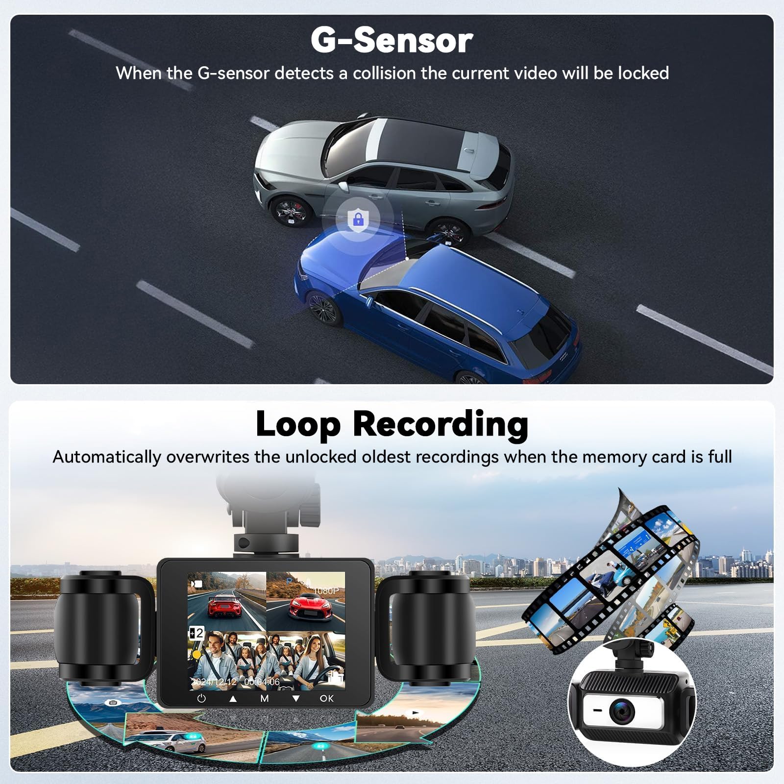 CAMECHO Dashcam Voiture Avant Arrière 1080P, Caméra Embarquée Voiture avec Carte SD 64Go Gratuite, Caméra de Voiture WiF, Super Vision Nocturne, Mode Parking 24H