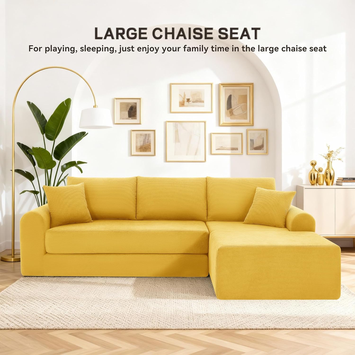 103” Cloud Modular Sectional Sofa with L-Shape Chaise, Modern Corduroy Boneless Sofa with Pull Out Bed, Deep Seat Folding Couch for Living Room, No Assembly Needed, Yellow (Left Facing Chaise)