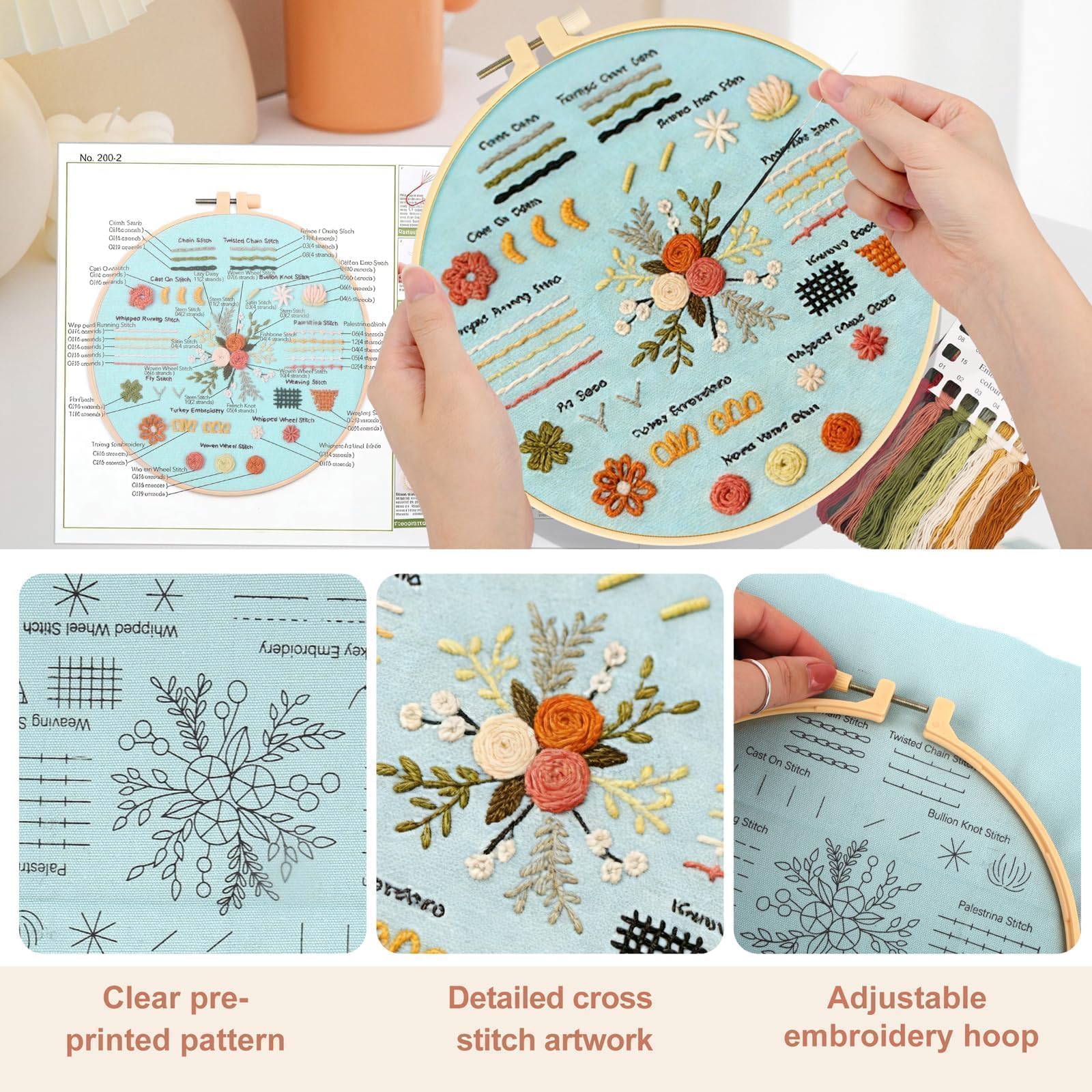 EEEKit 3PCS Sticken Set für Anfänger, Kreuzstich Stickerei Starter Set mit 28 Stichen Lernanleitung und Garne, Nadeln und Stickrahmen für Erwachsene