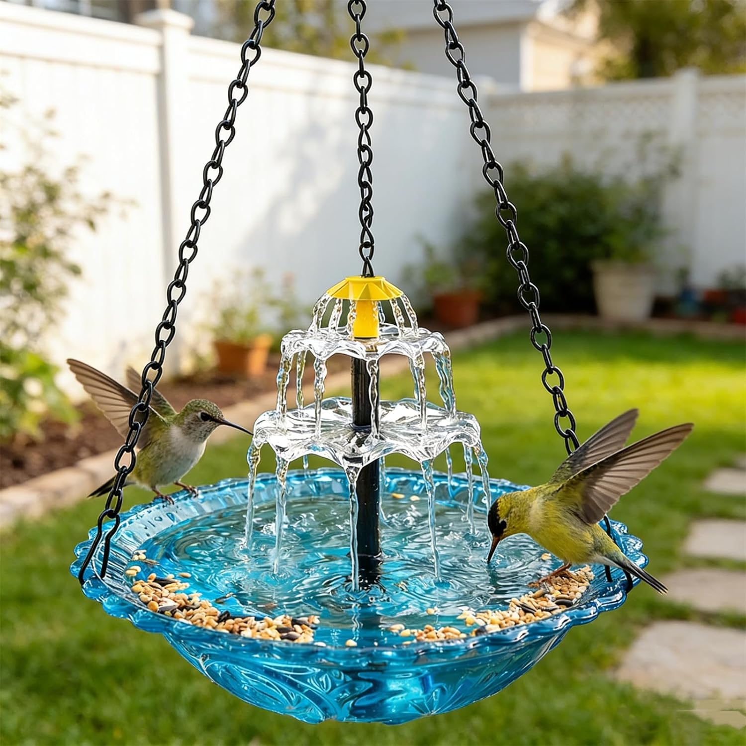 Solar Cascade Hanging Bird Bath Fountain, Solar Powered Cascading Water Fountain, Hanging Solar Bird Baths for Outdoors, Dual-Tier Cascading Design with Solars Pump & Glass Bowl (Blue)
