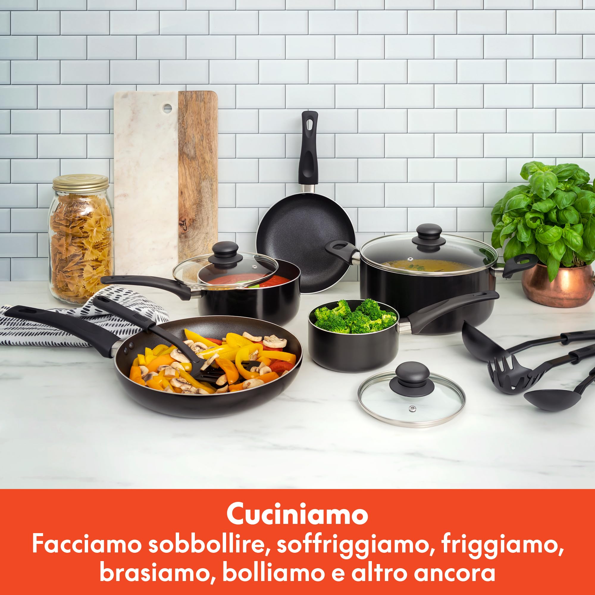 bella Set di pentole, 12 pentole e padelle con utensili, antiaderenti, senza PFOA, antigraffio, superficie di cottura compatibile con tutti i fornelli, nylon e alluminio, nero